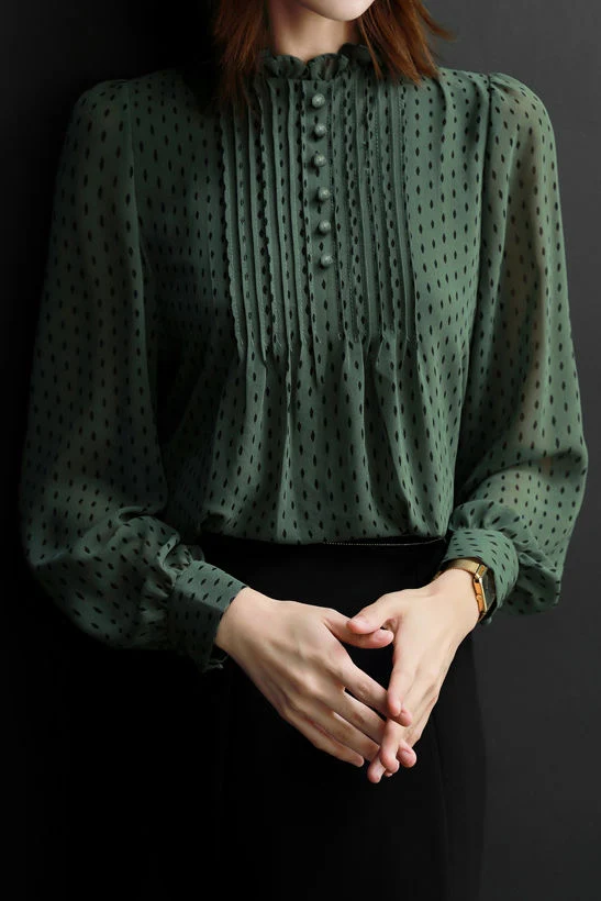 Casual Elegant Stand Collar Polka Dot Floral Chiffon Blouse - gazingly