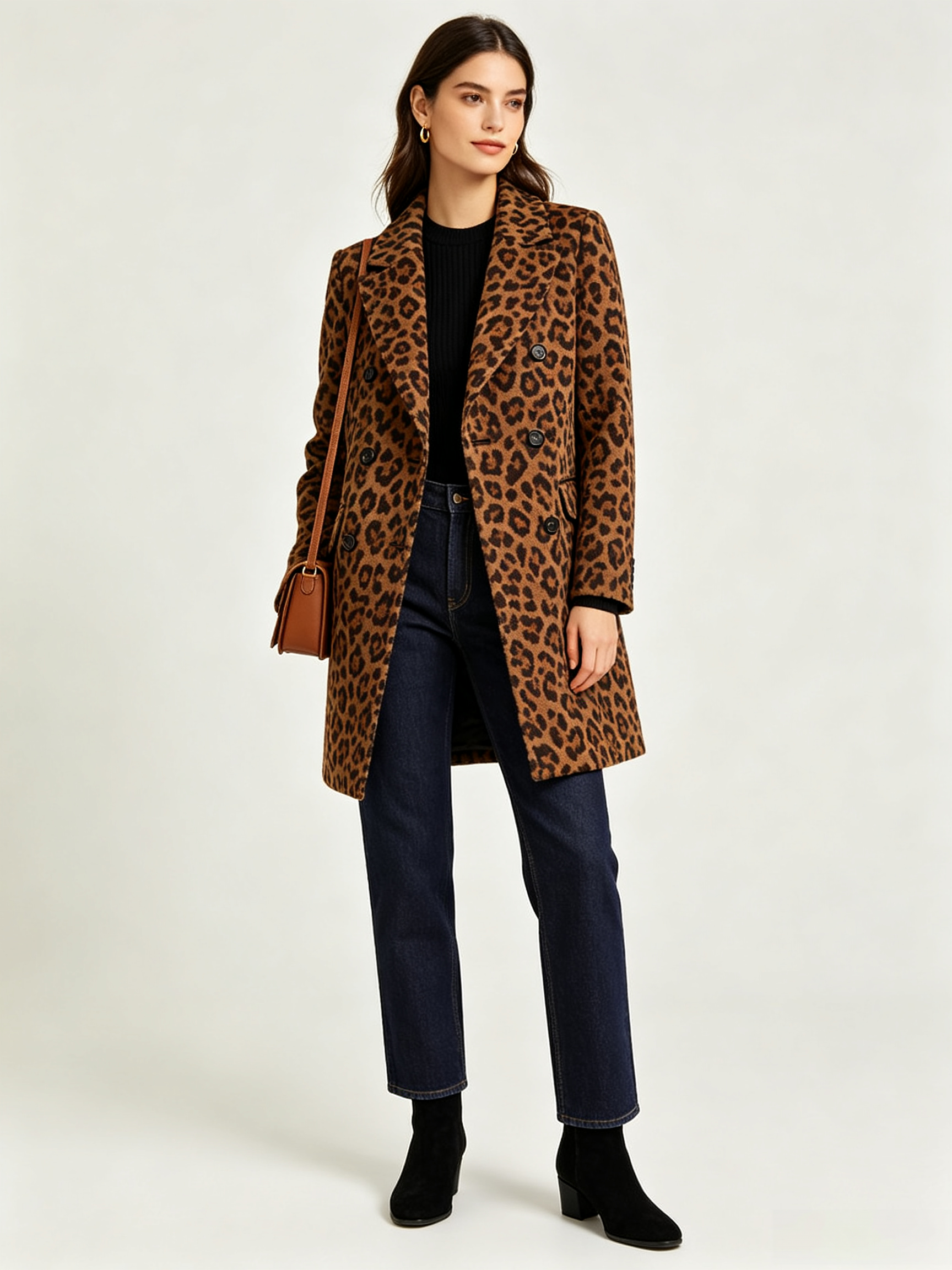 Leopard Print Wool-Blend Double-Breasted Coat