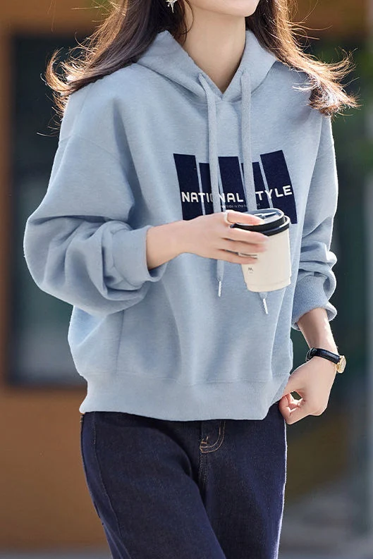 Casual Hooded Drawstring Letter Drop‑Shoulder Long‑Sleeve Sweatshirt - gazingly