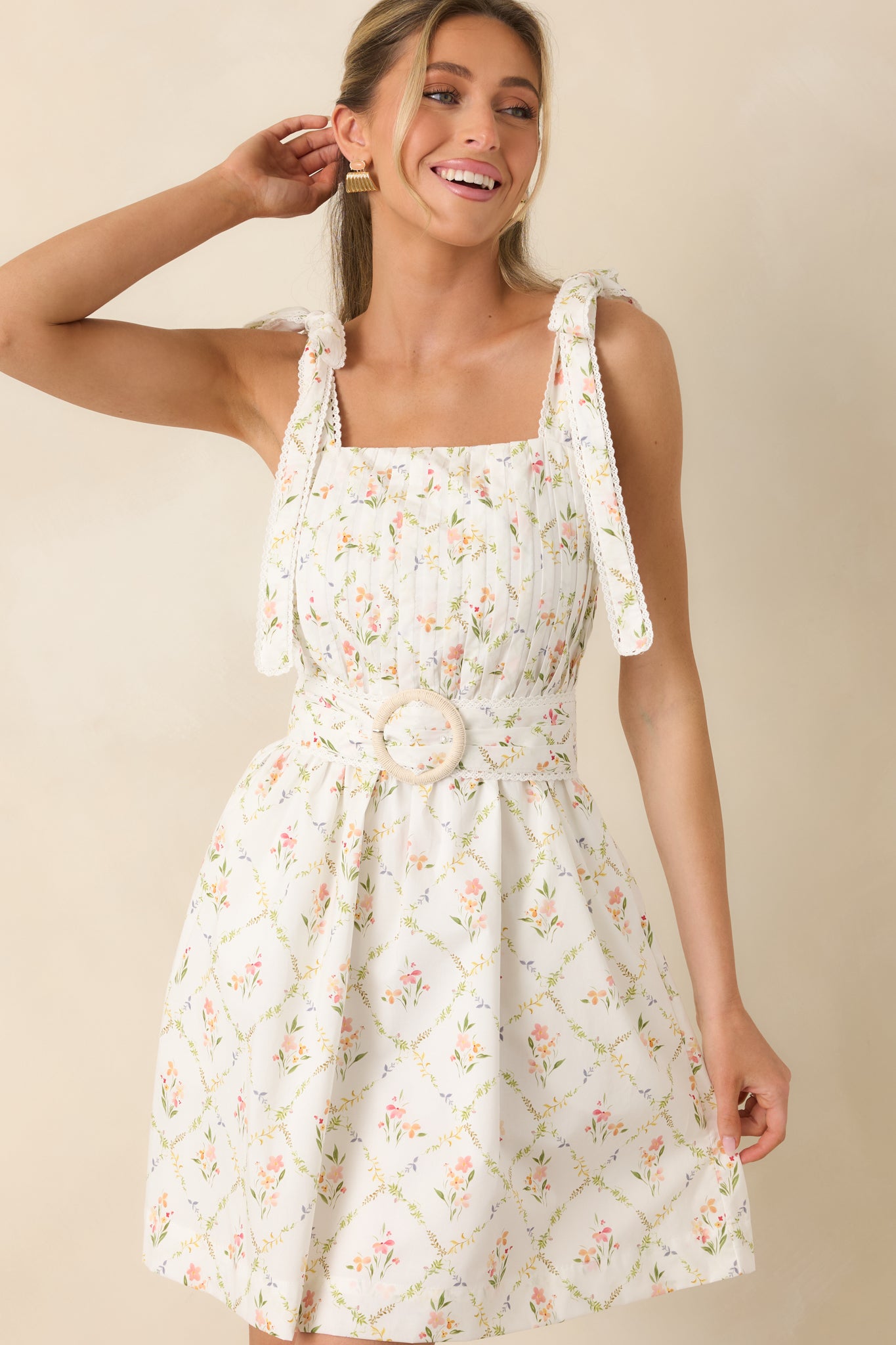 Just Like Spring White Multi Cotton Floral Pleated Mini Dress - gazingly