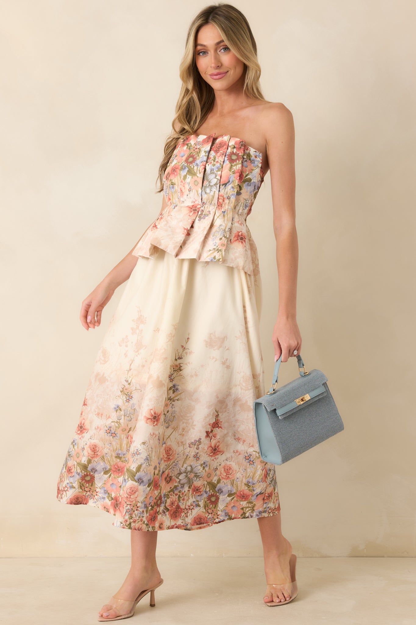 Gathered in Grace Pink Multi Floral Cotton Strapless Midi Dress - gazingly
