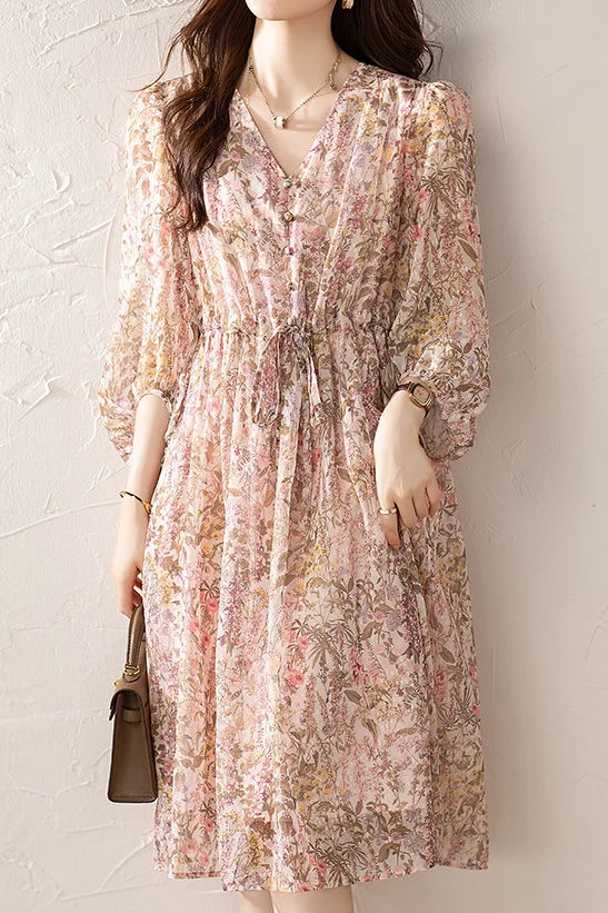 Elegant Floral Print Short-Sleeve (5/8 Length) Dress - gazingly