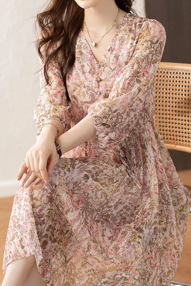 Elegant Floral Print Short-Sleeve (5/8 Length) Dress - gazingly