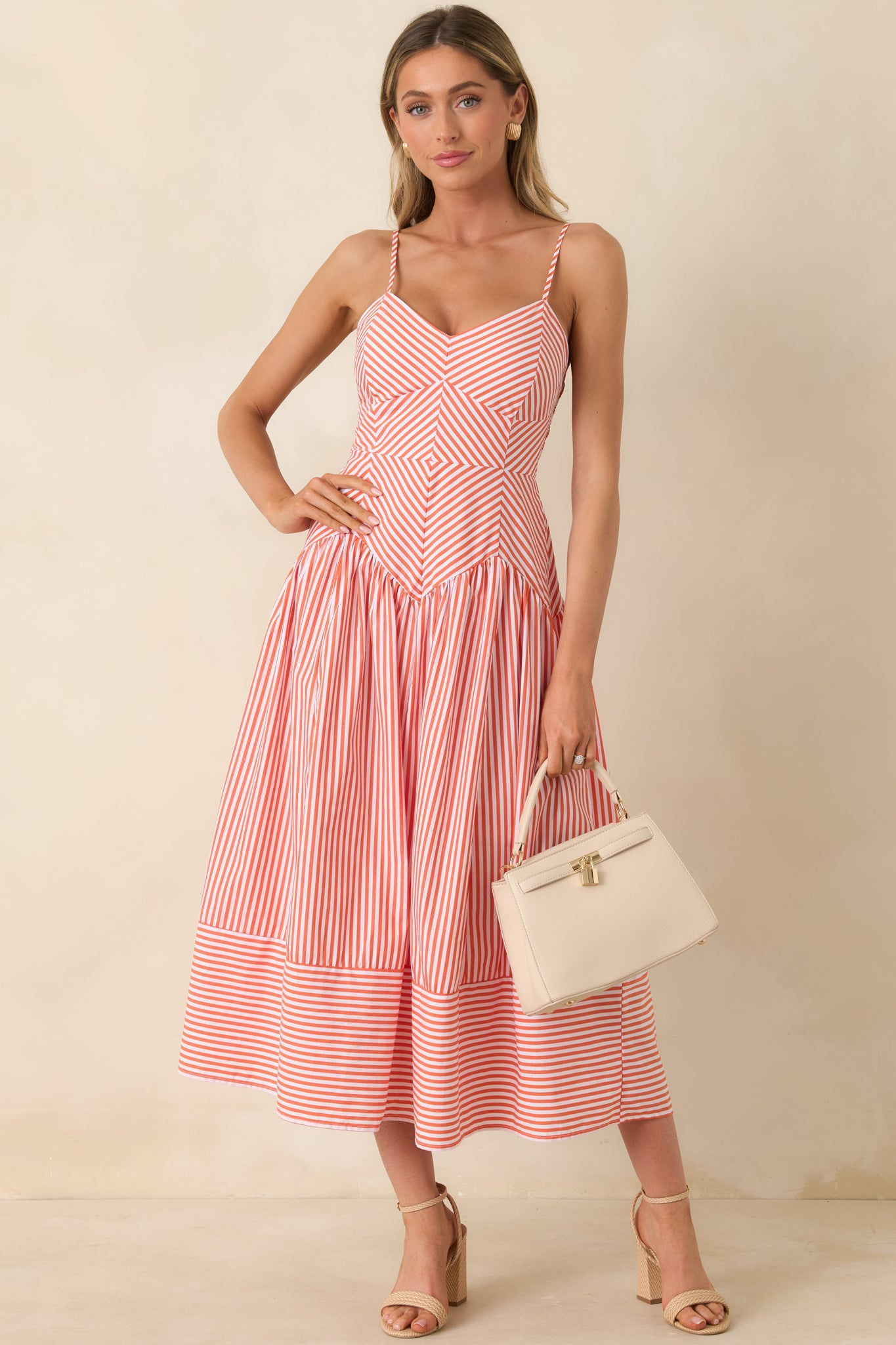 From All Angles Orange & White Stripe Cotton Midi Dress - gazingly