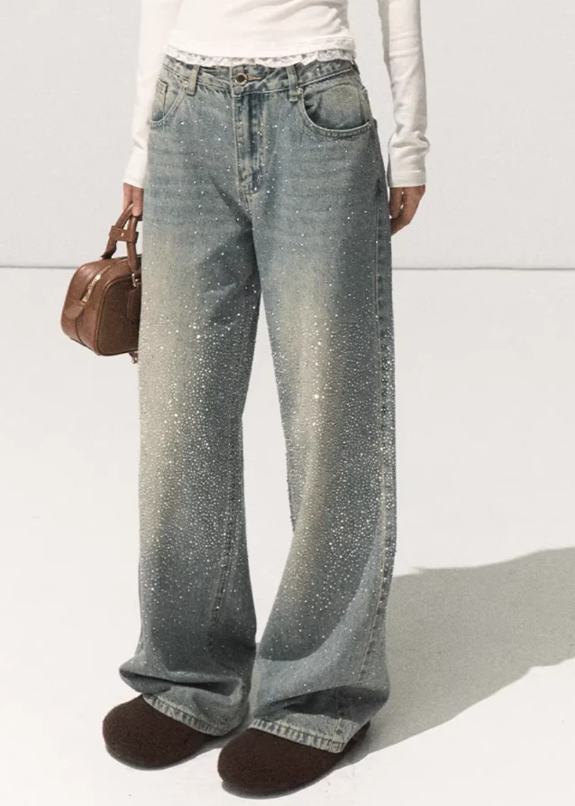 Rhinestone Washed Cotton Denim Pants