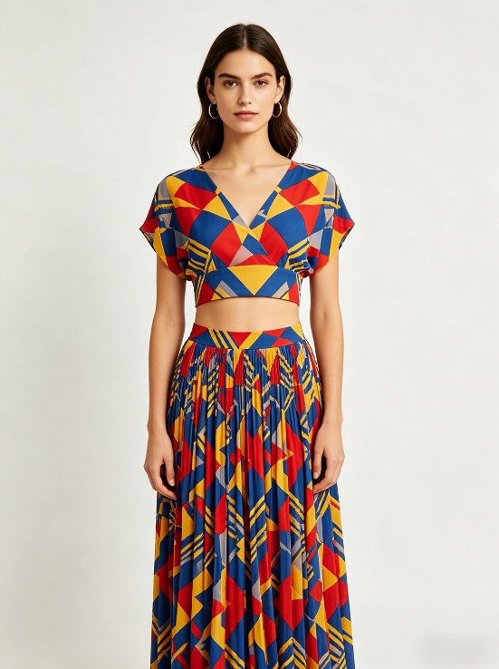 Geometric Print V-neck Crop Top & Maxi Skirt Set