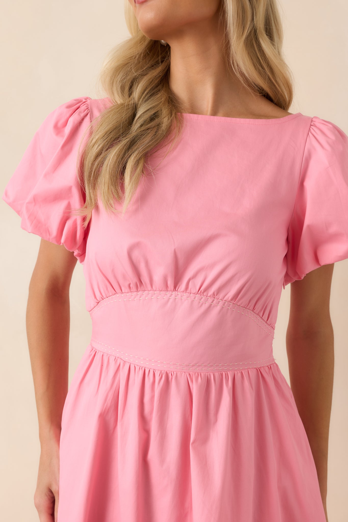 Pink Cotton Puff Sleeve Mini Dress - gazingly