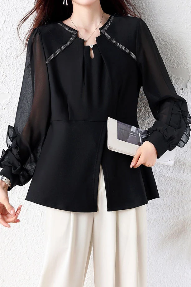 Exquisite Elegant Small V‑Neck Chiffon Spliced Long‑Sleeve Shirt - gazingly