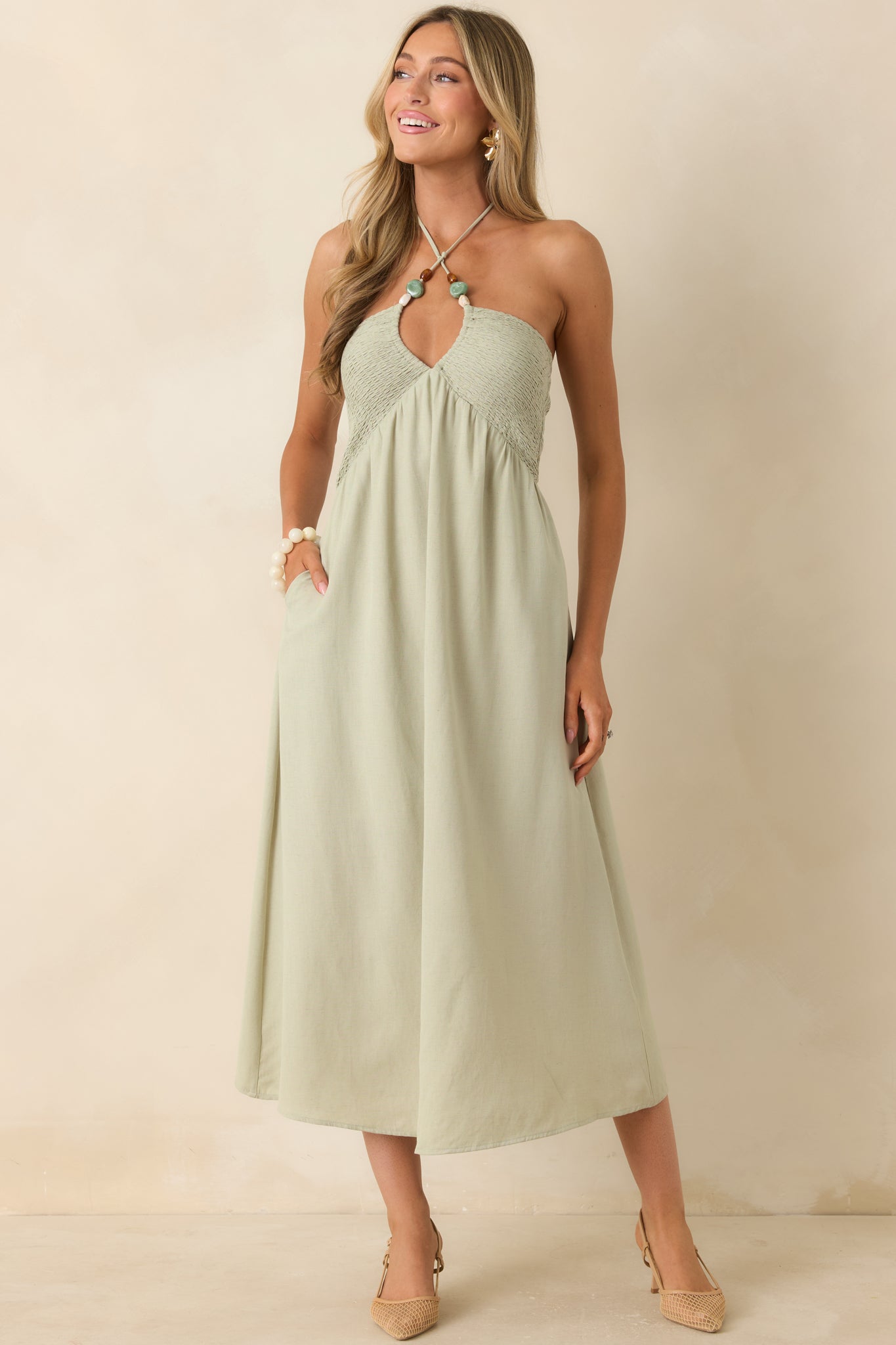 Sage Green Beaded Halter Midi Dress - gazingly