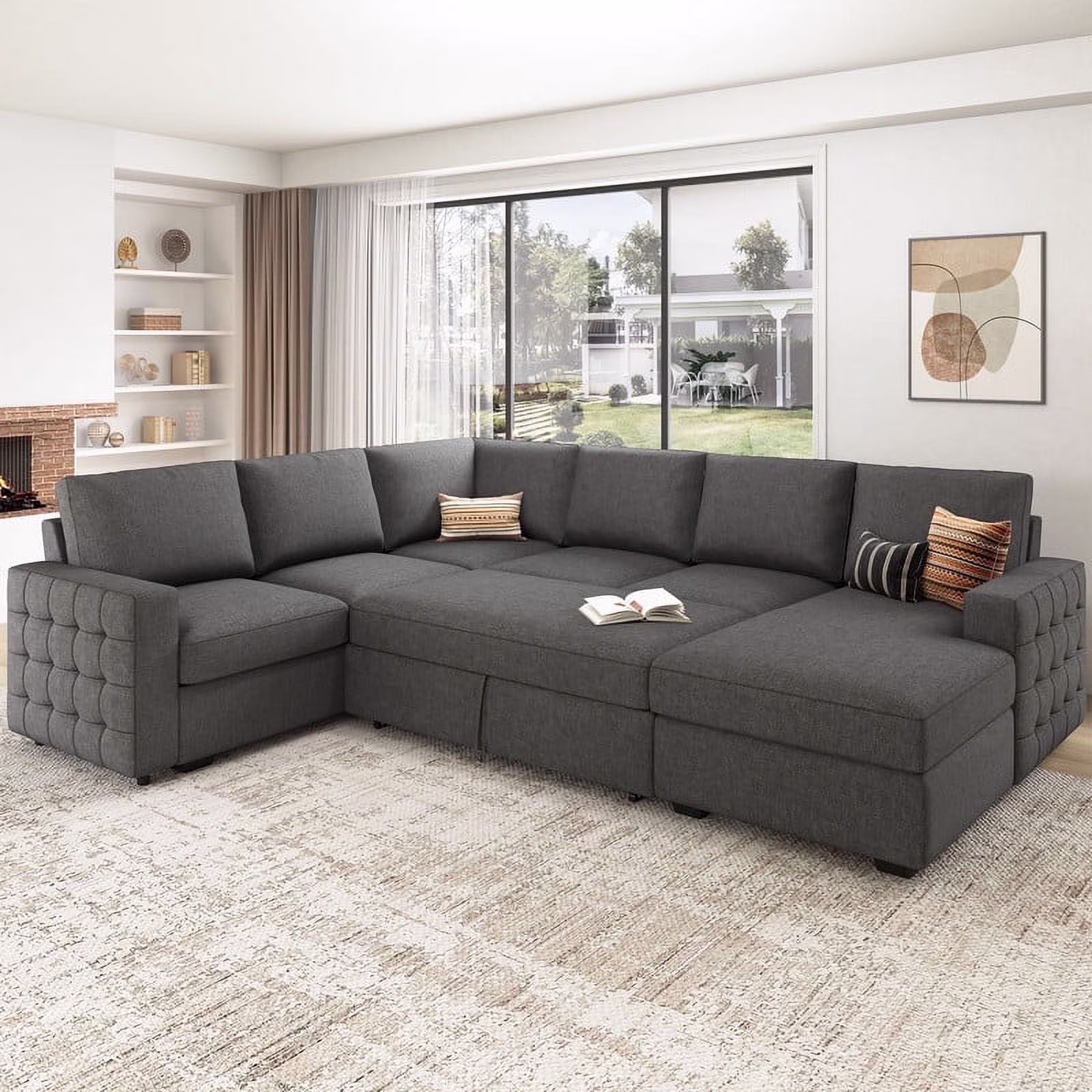 HONBAY Modular Sectional  Pull-Out Sofa Bed  with Storage Velvet U-Shaped Convertible Sleeper Sofa for Living Room, Blue