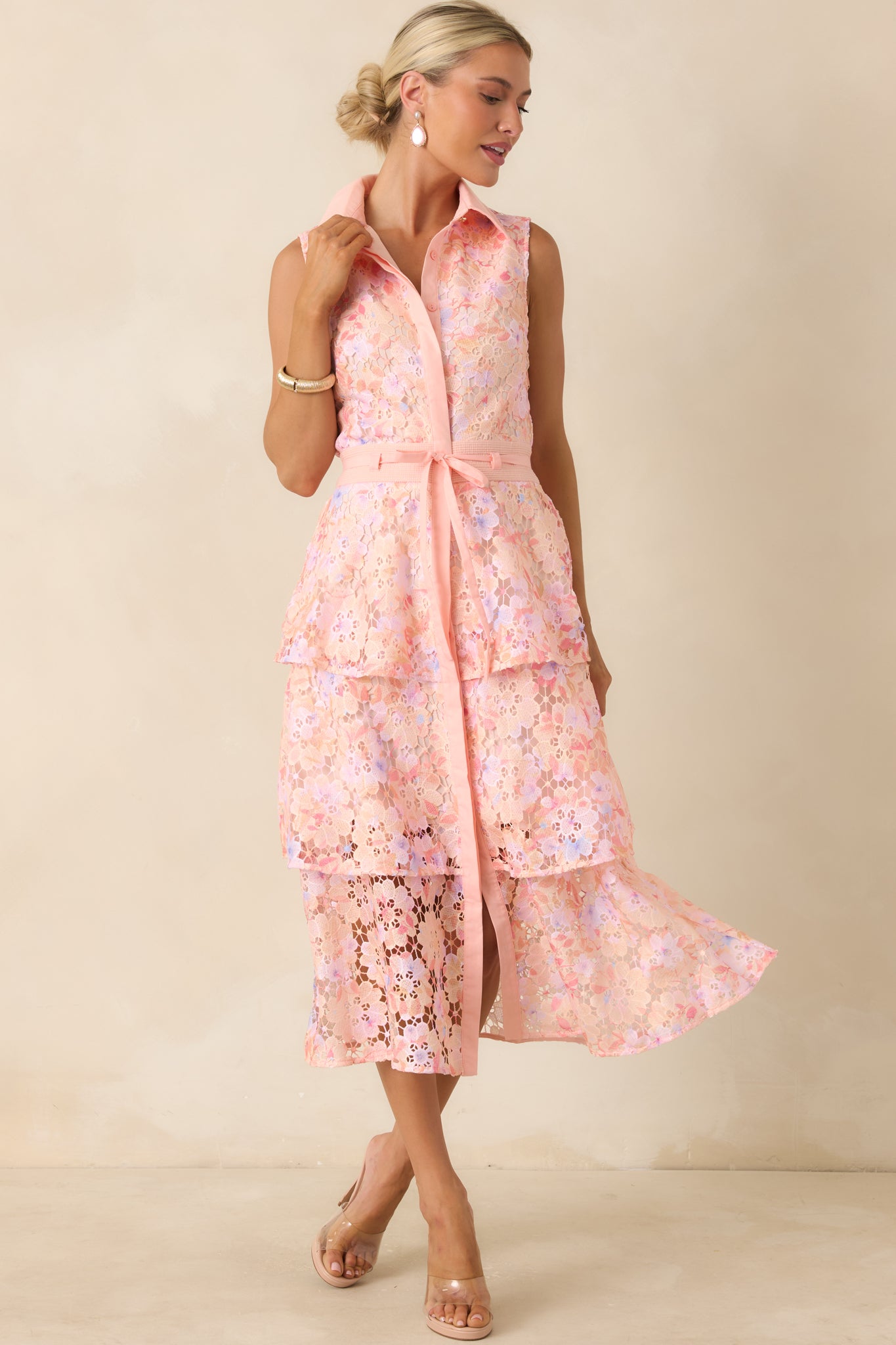 Blush Garden Pink Multi Floral Lace Midi Dress - gazingly
