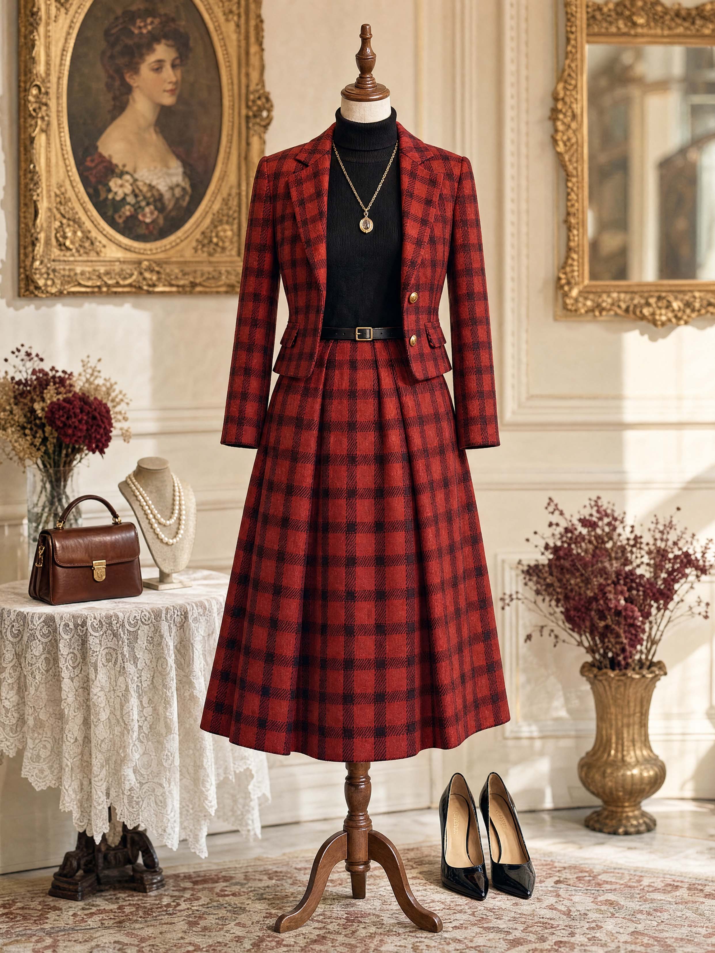 Plaid Blazer Midi Skirt Outfit - jugjet