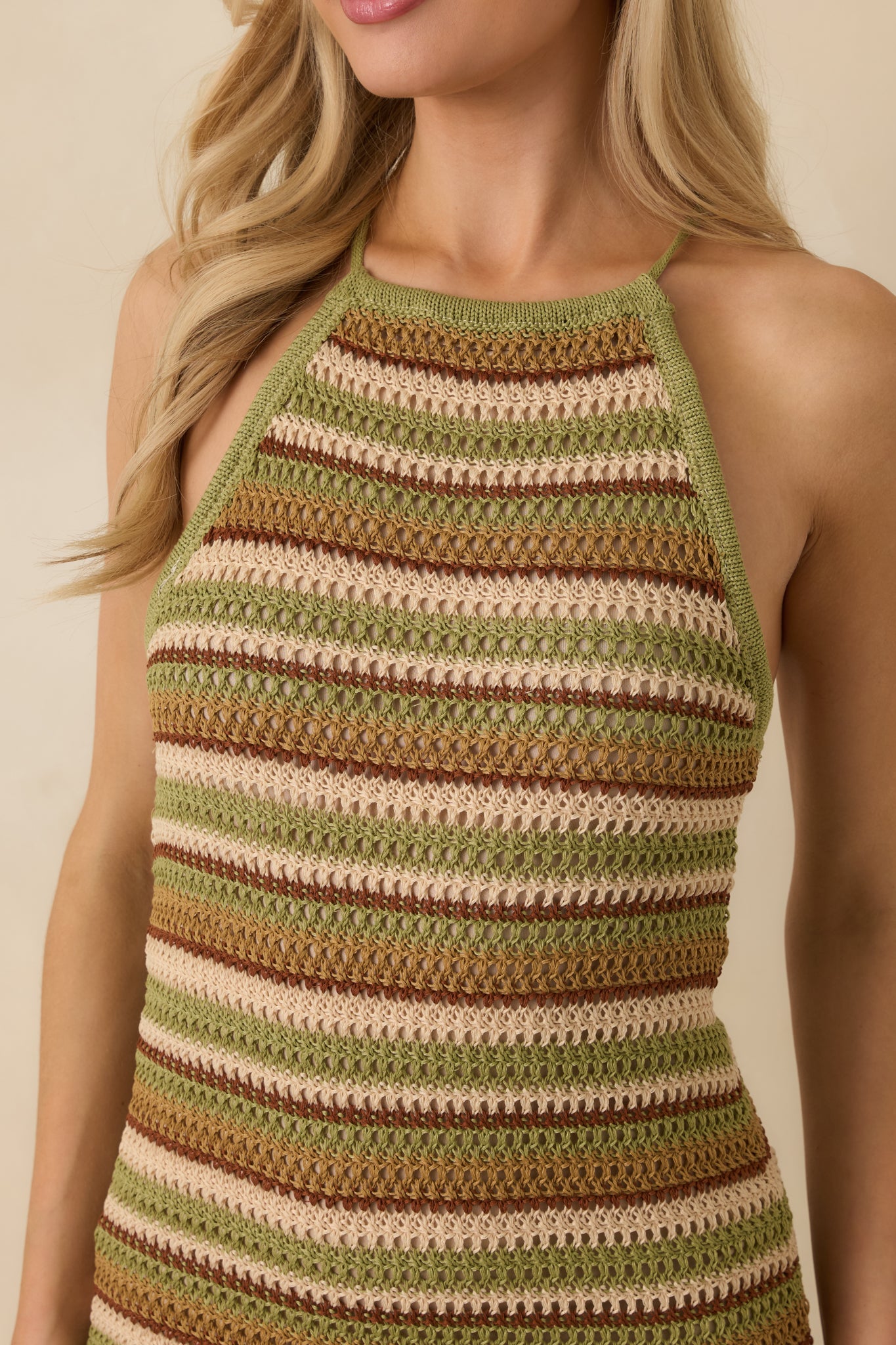 Earth Angel Green & Brown Stripe Crochet Halter Maxi Dress - gazingly
