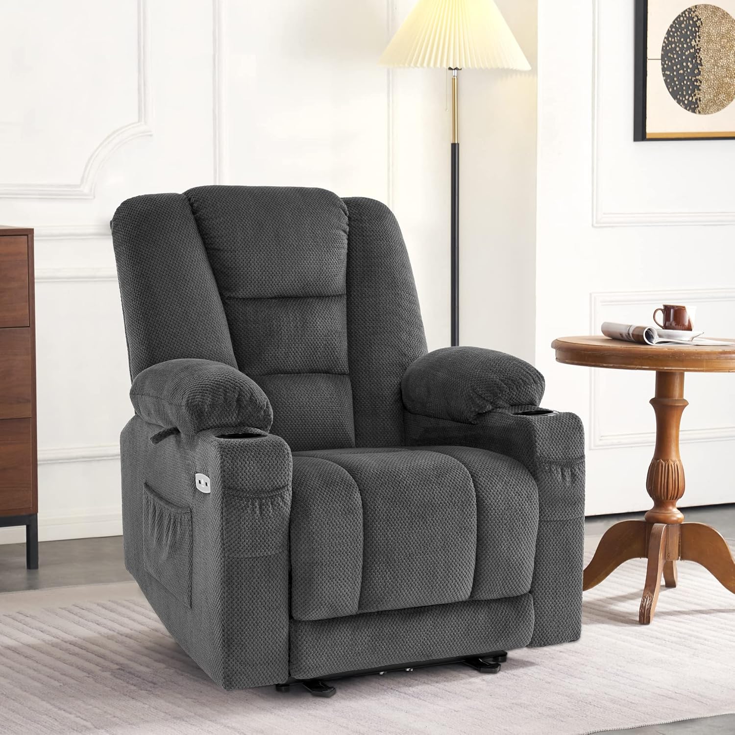 M MCombo 7008 Electrically Adjustable TV Chair. Recliner Chair with Reclining Function. TV Chair with Massage & Heat Function. USB & Drink Holder. Living Room (Fabric. Dark Grey)