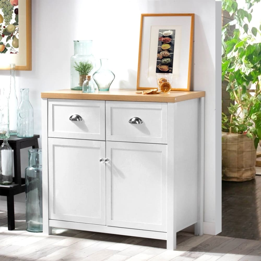 Commode 2 tiroirs 2 portes blanches et décor bois