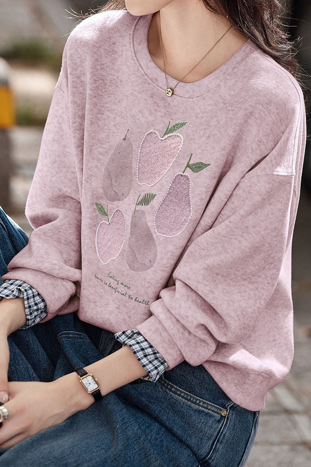 Casual Fruit Print & Plaid Paneled Pullover Hoodie - gazingly