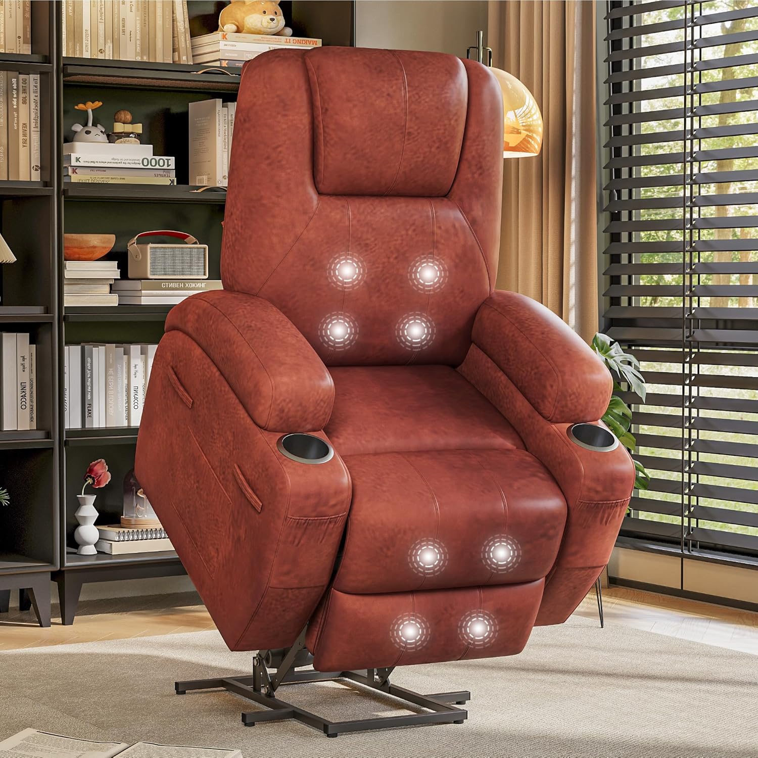 Electric Power Lift Recliner Chair with Massage for Elderly Corduroy Fabric Recliner Single Sofa with Cup Holders. Side Pockets and Remote Control for Living Room Bedroom