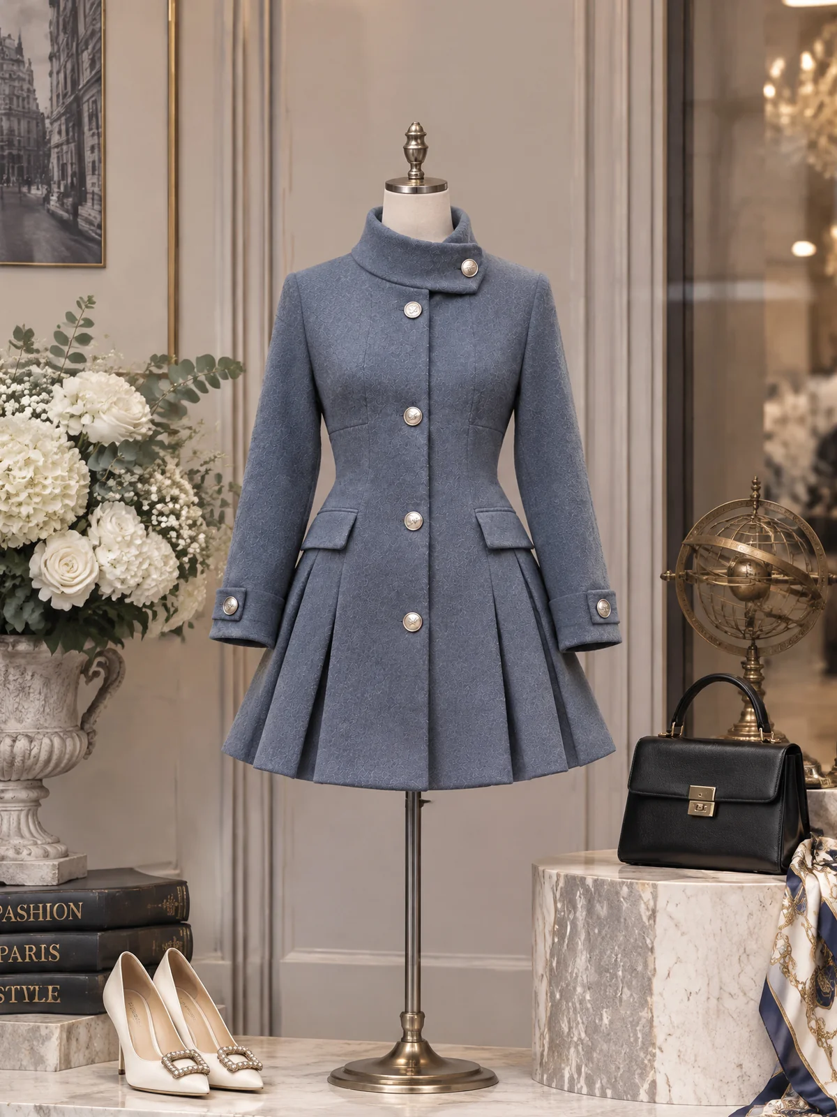 Silver-Button Stand-Collar Pleated Mini Dress - jugjet