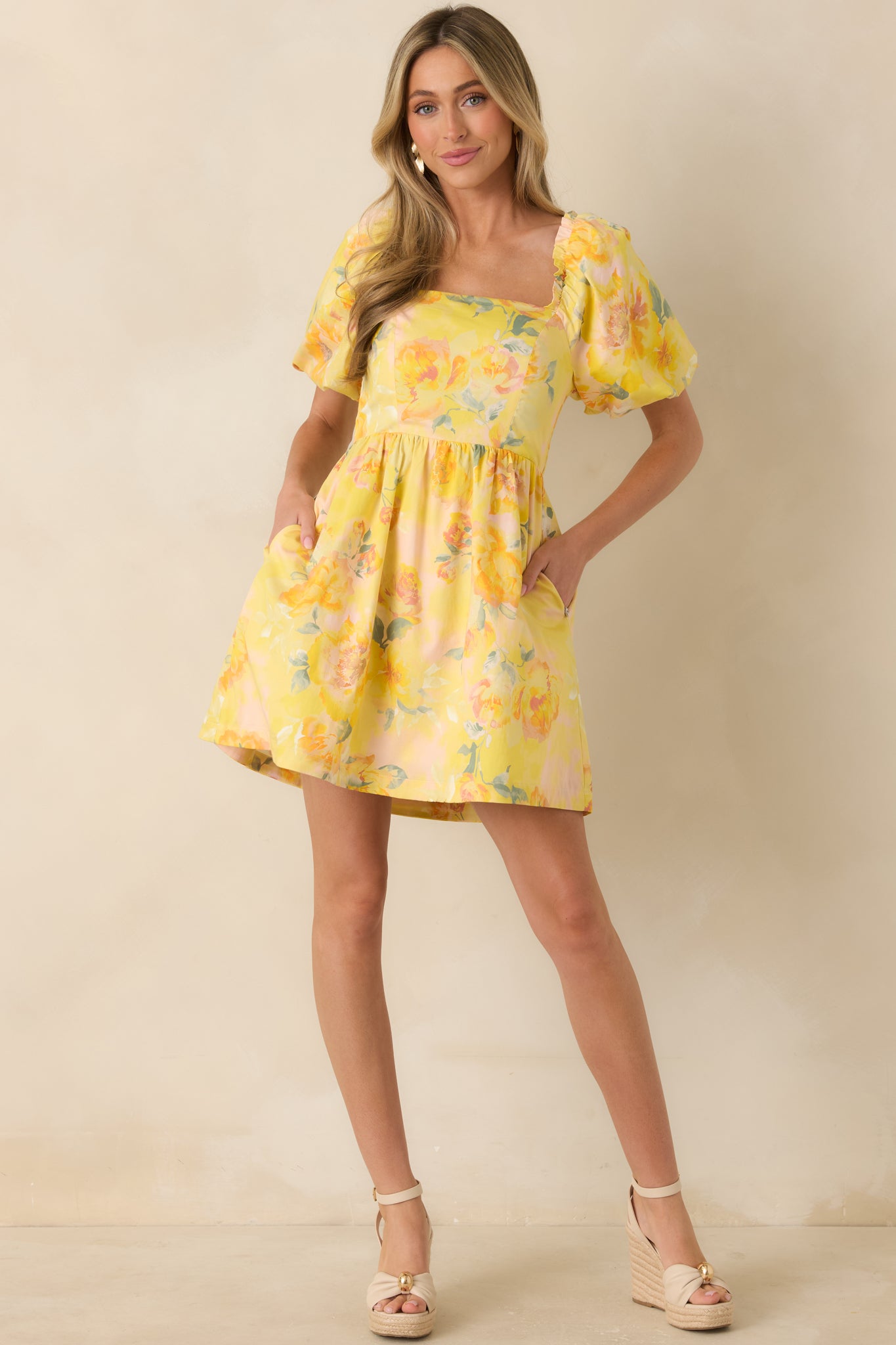 Butter Yellow Multi Floral Cotton Mini Dress - gazingly