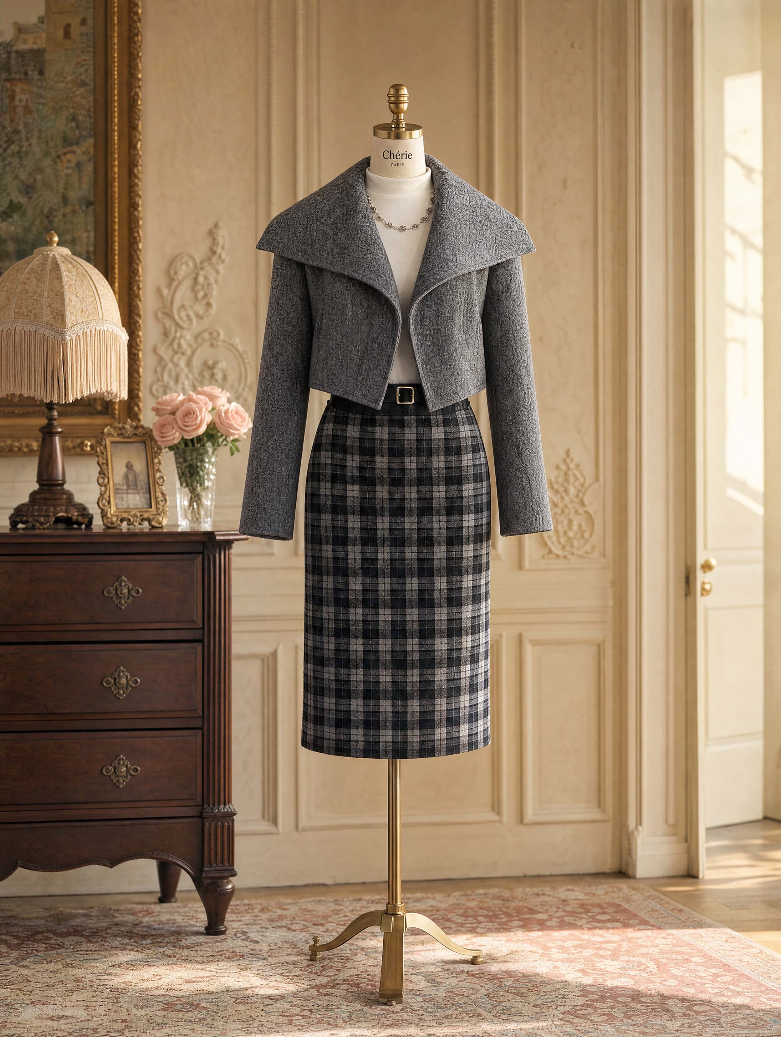 Grey Plaid High Waist Midi Pencil Skirt - jugjet