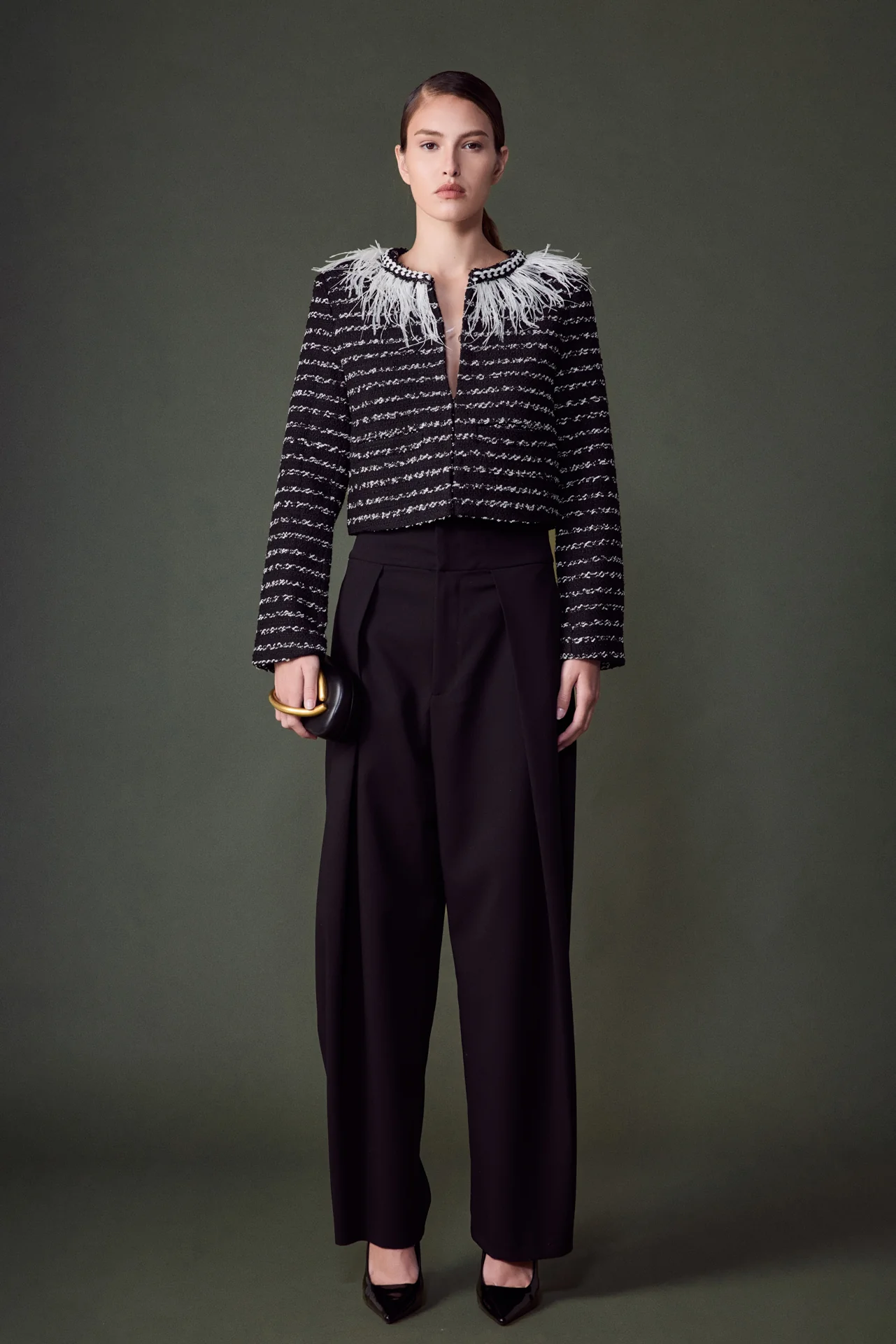 Feather Detailed Bow Tweed Jacket - vipsense