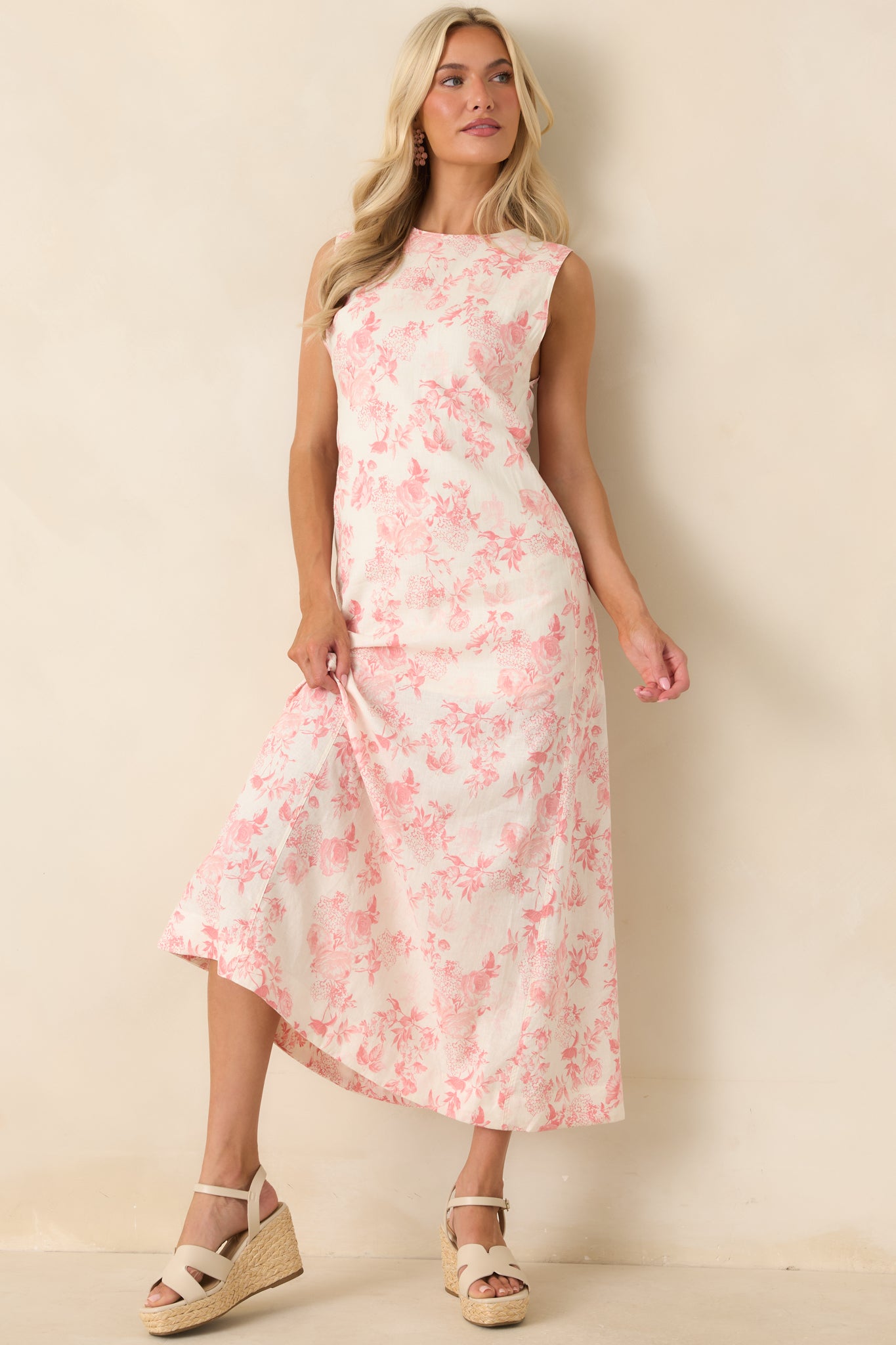 Everything I Imagined Ivory & Pink Linen Blend Floral Maxi Dress - gazingly