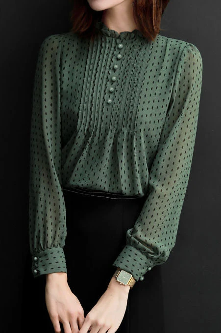 Casual Elegant Stand Collar Polka Dot Floral Chiffon Blouse - gazingly