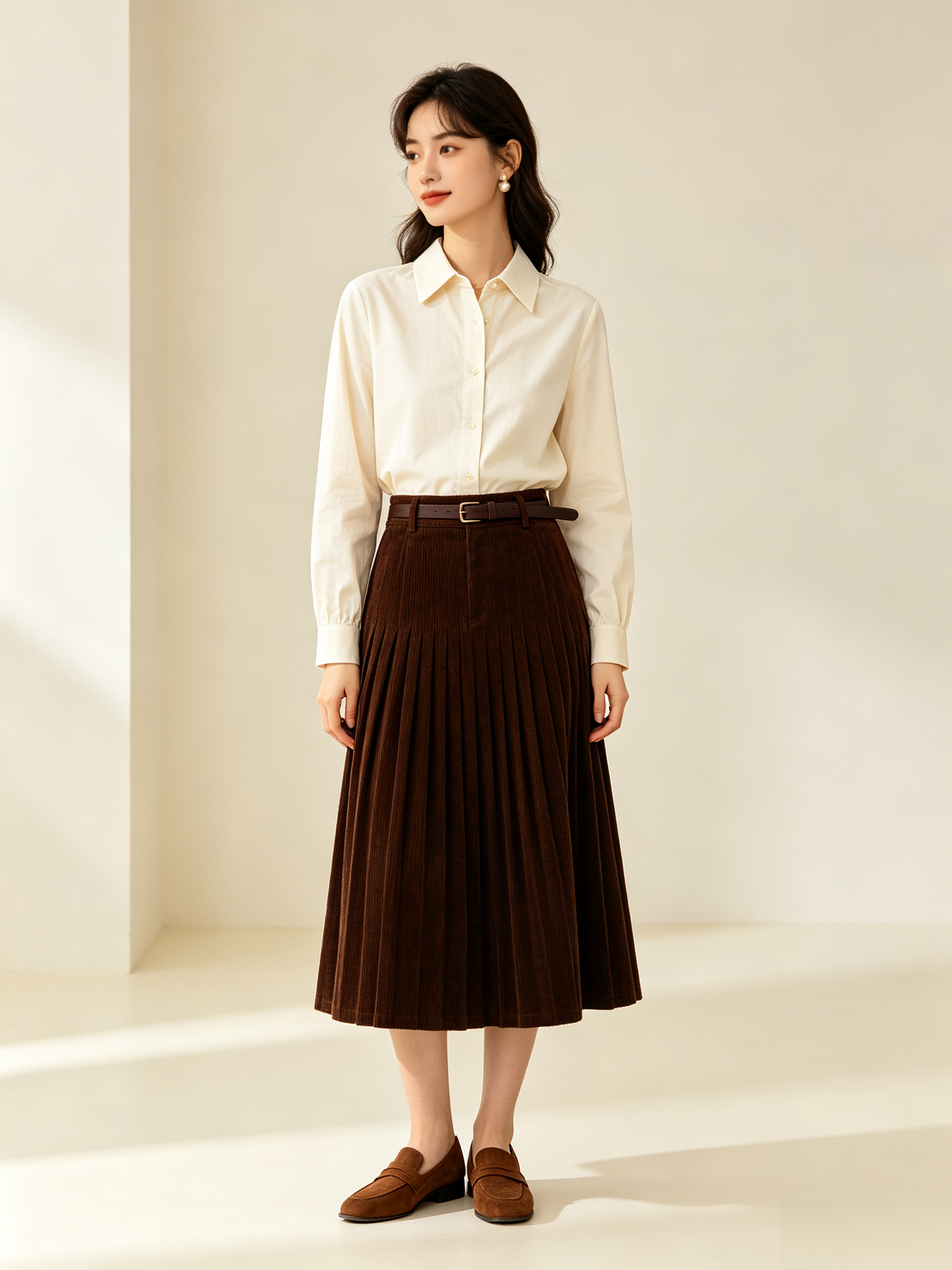 Pleated Corduroy Midi Skirt