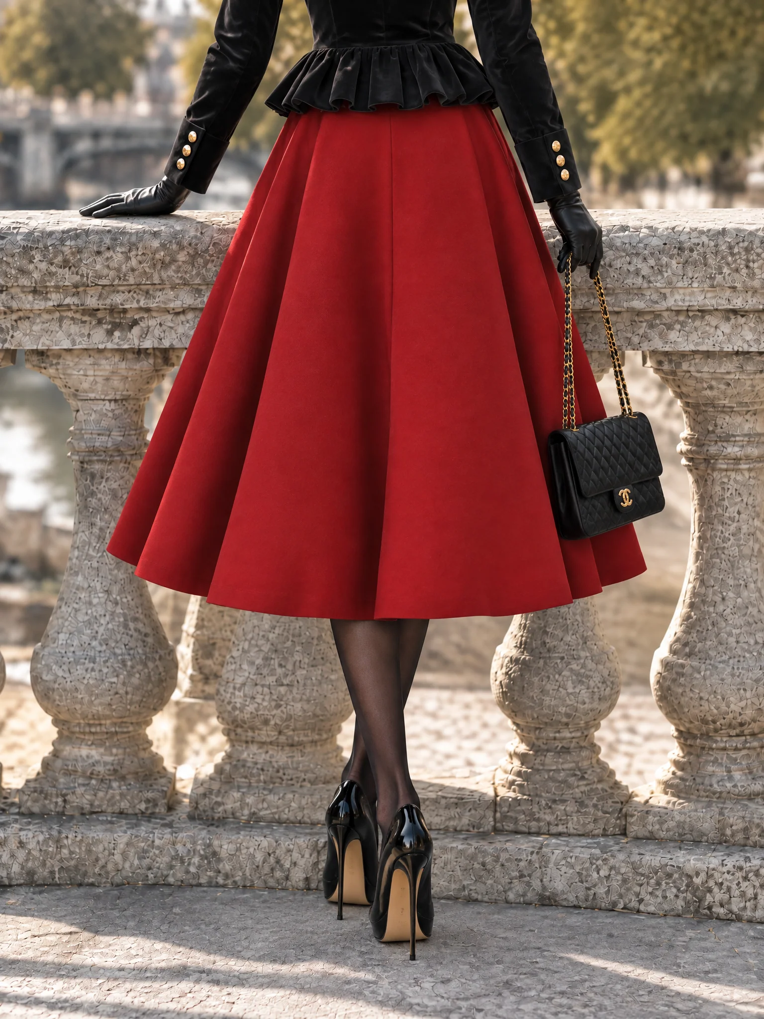 Red Wool Blend A-line Midi Skirt - jugjet