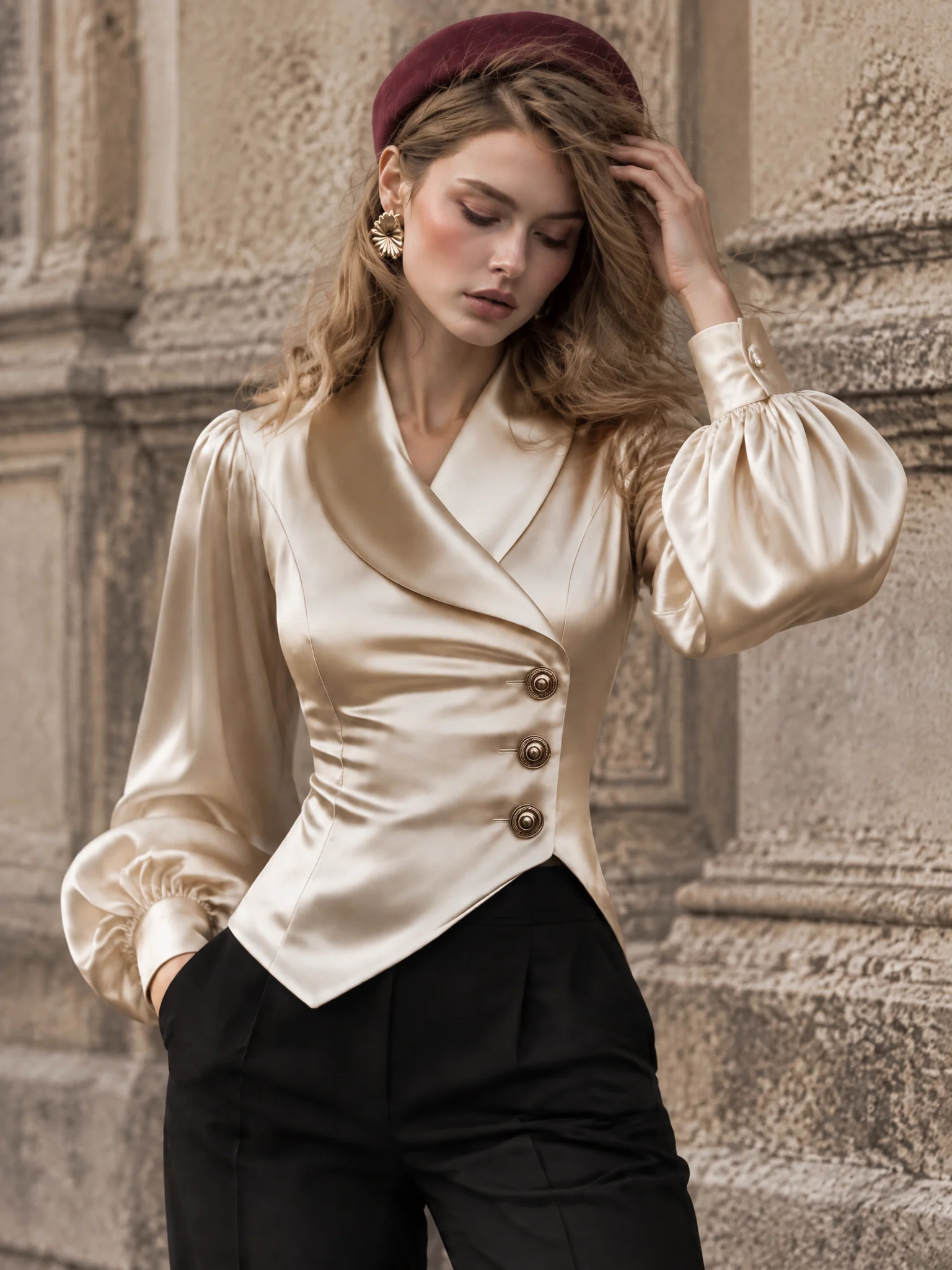 Satin Collar Long Sleeve Blouse - jugjet