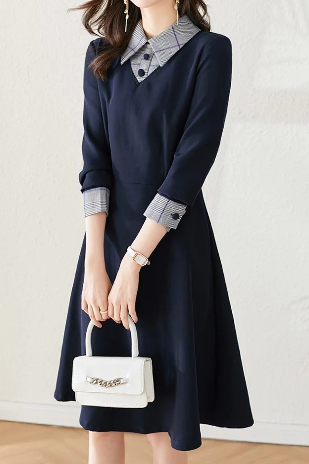 Mixed Material Shirt Collar Check Contrast Flare Dress - gazingly