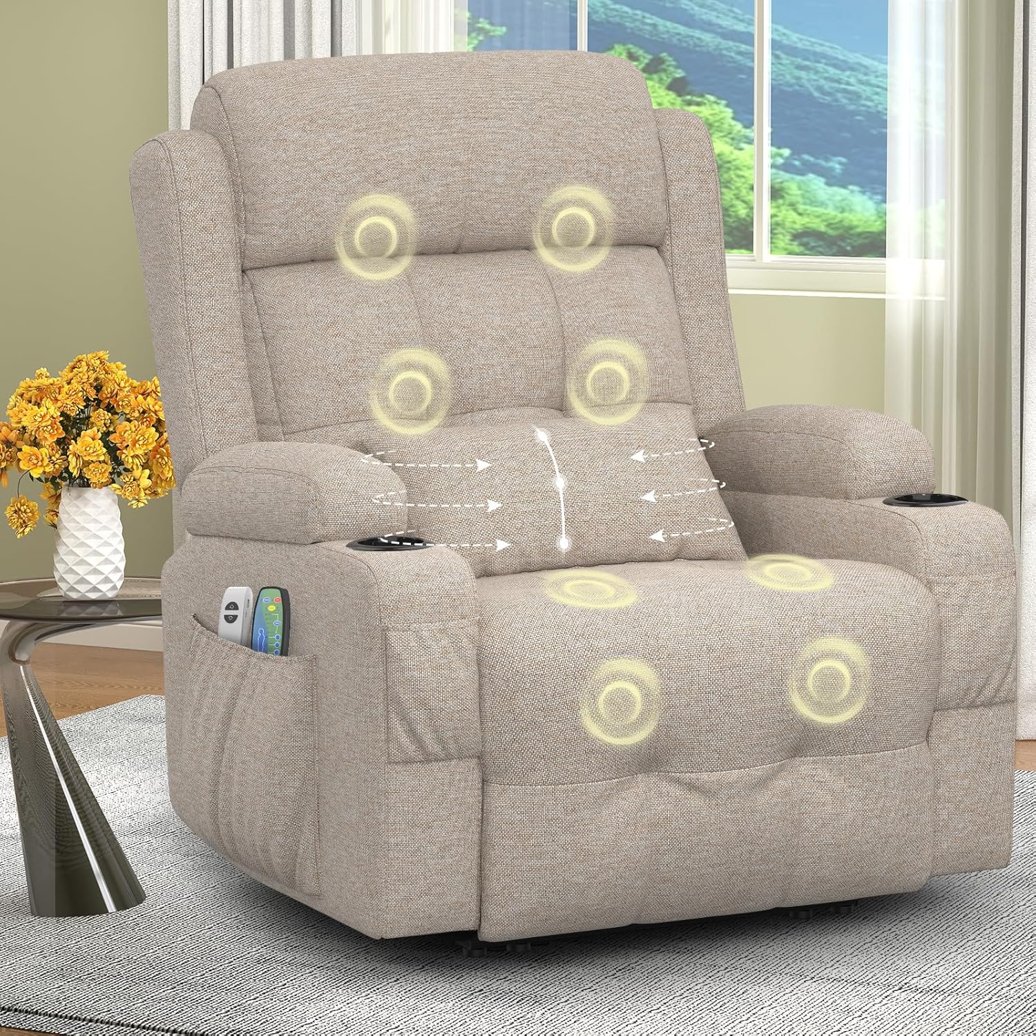 Relaxation chair. TV chair. electrically adjustable massage chair with heating function. footstool. 2 side bag drink racks. C-shaped and USB ports. living room TV chair