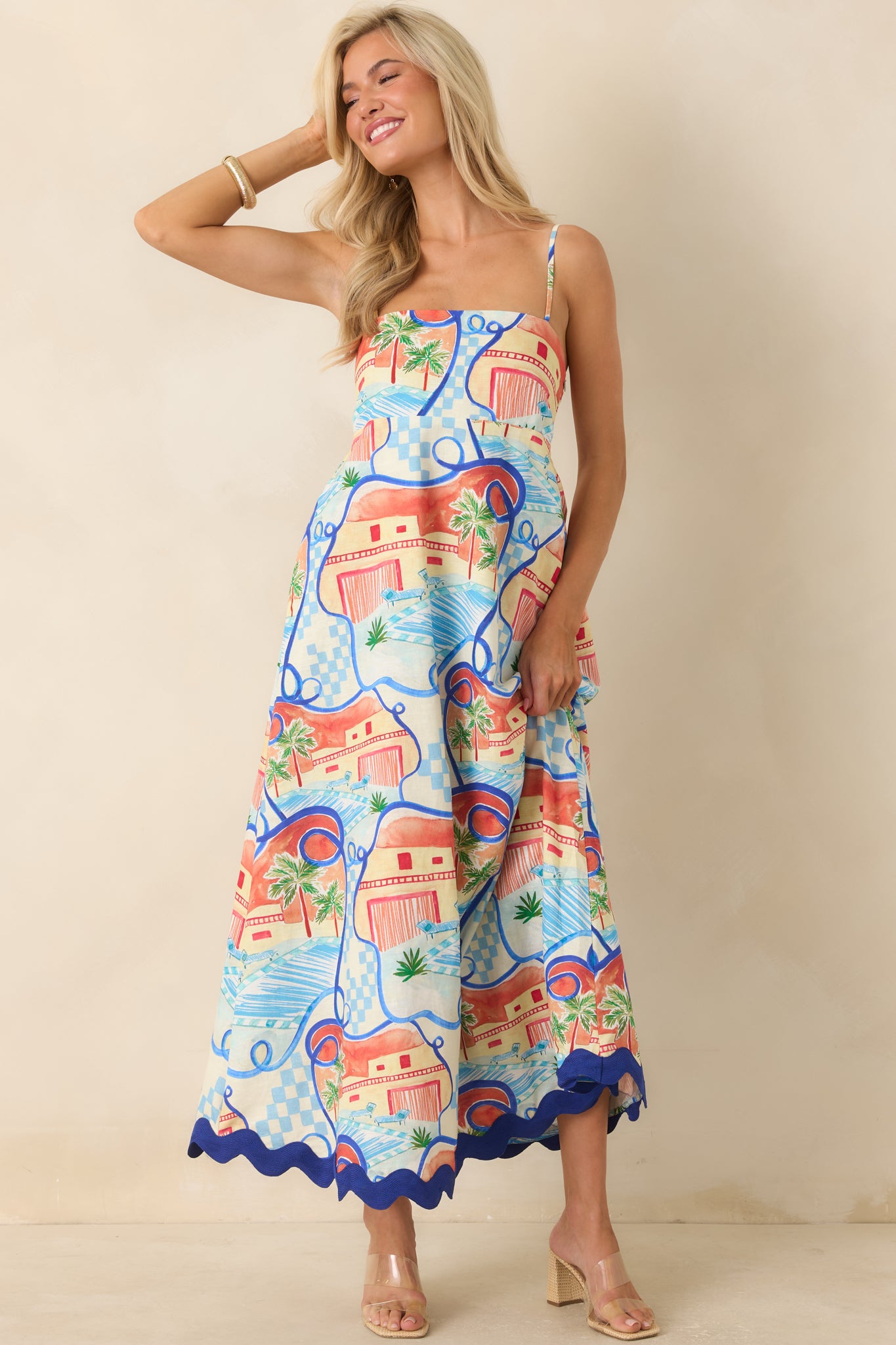 Passport to Paradise Coral Orange & Blue Poolside Print Maxi Dress - gazingly