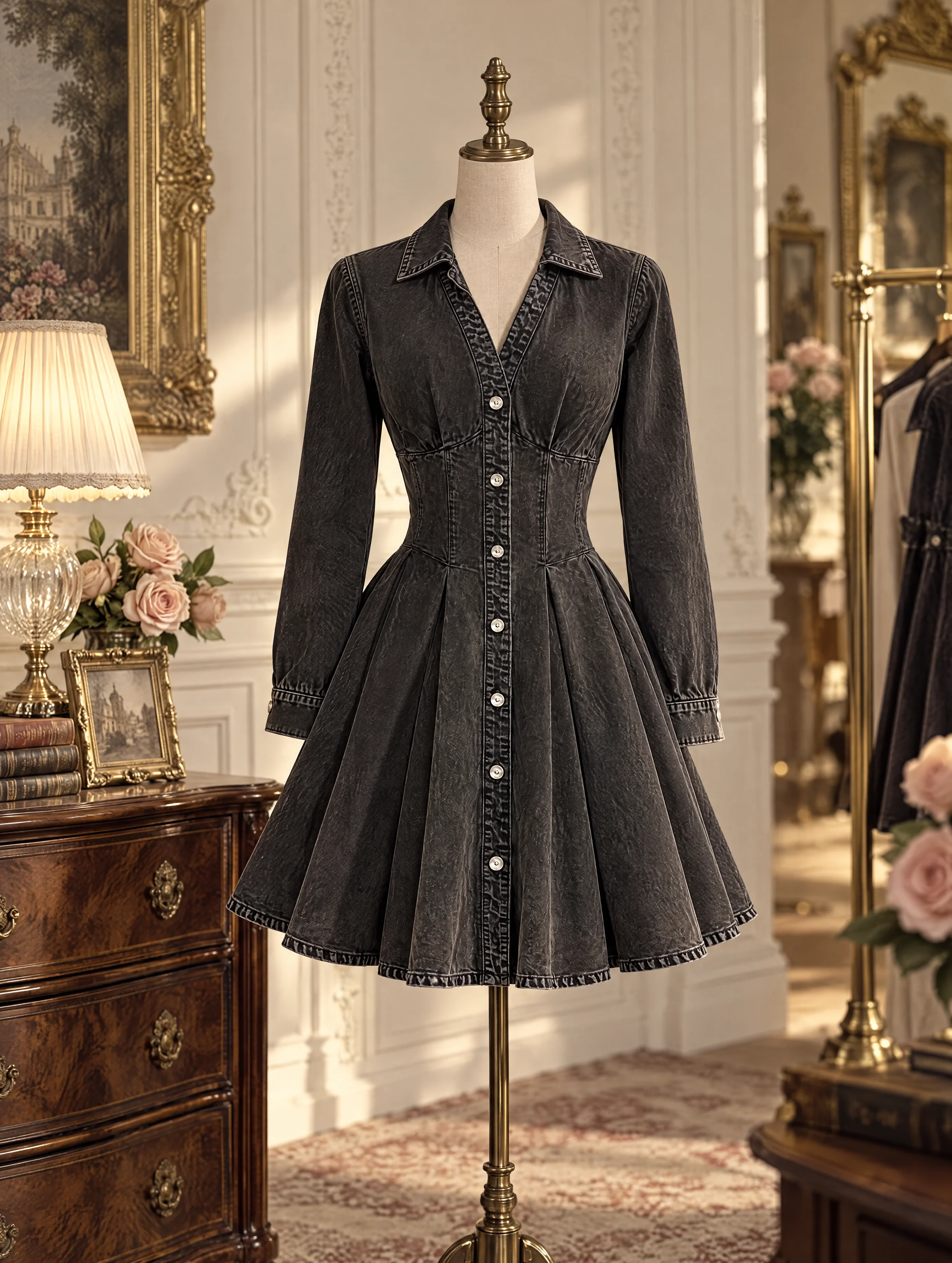 Retro Collared A‑Line Denim Mini Dress - jugjet