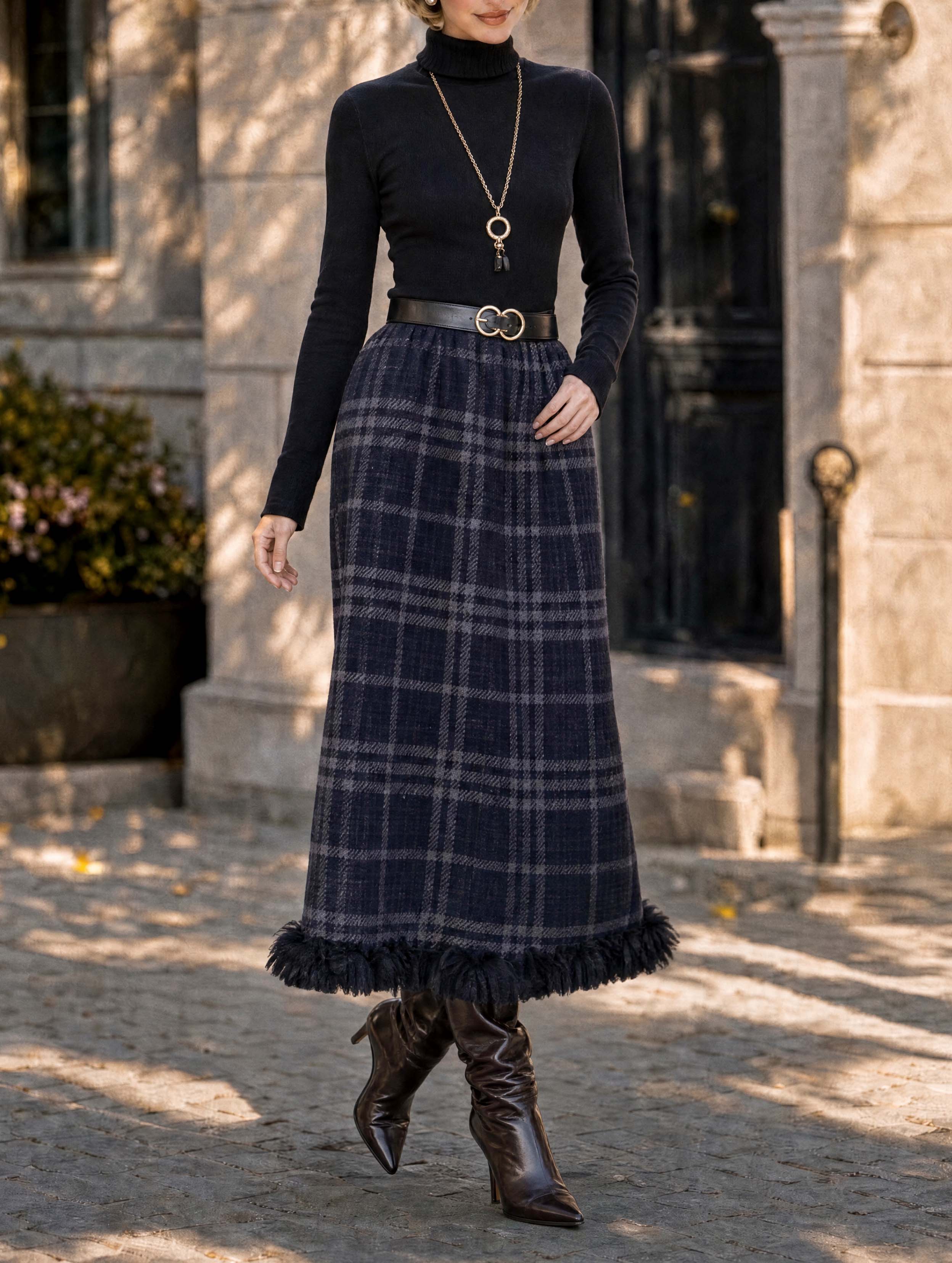 Retro Plaid Fringe Hem Midi Skirt - jugjet