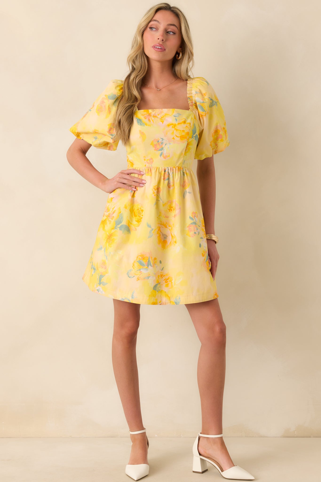 Butter Yellow Multi Floral Cotton Mini Dress - gazingly