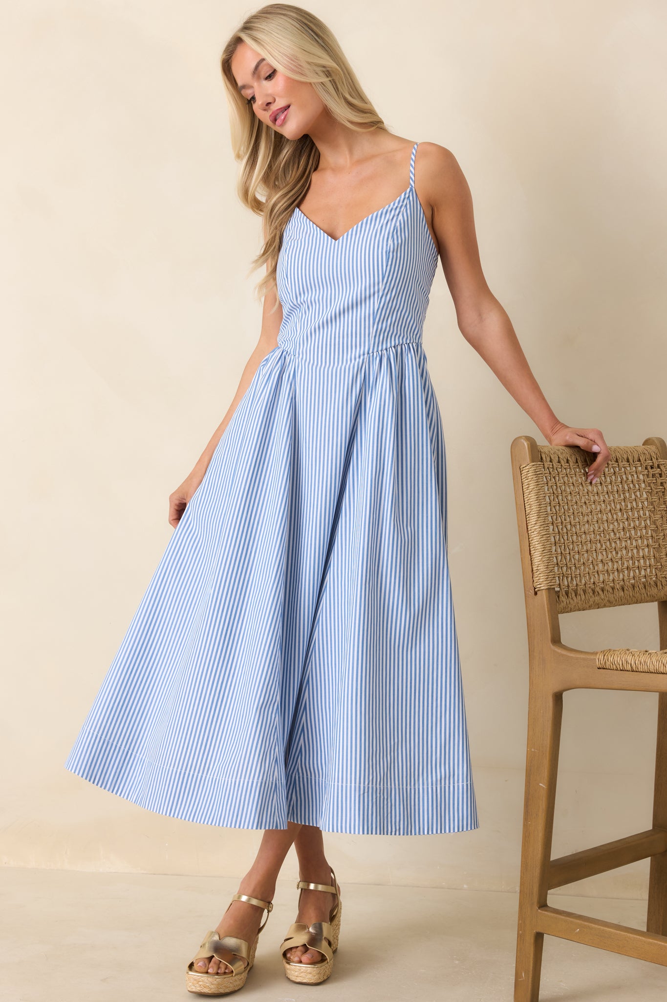 Weekend on the Coast Blue Stripe Sleeveless Midi Dress - gazingly
