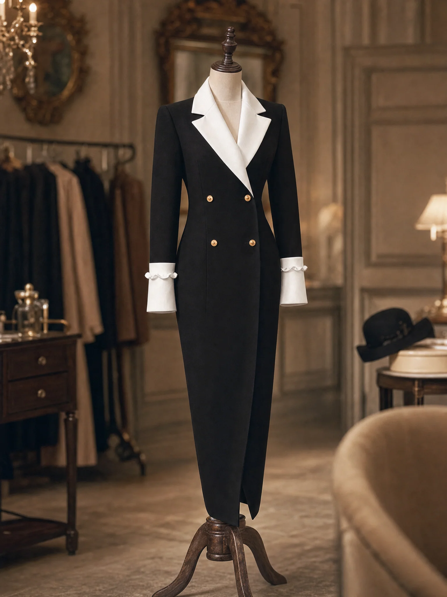 Contrast Lapel Double Breasted Bodycon Blazer Midi Dress - jugjet