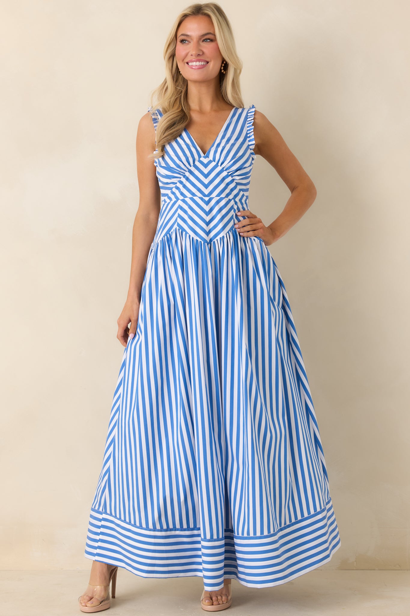 Blue Stripe Cotton Blend Sleeveless Maxi Dress - gazingly