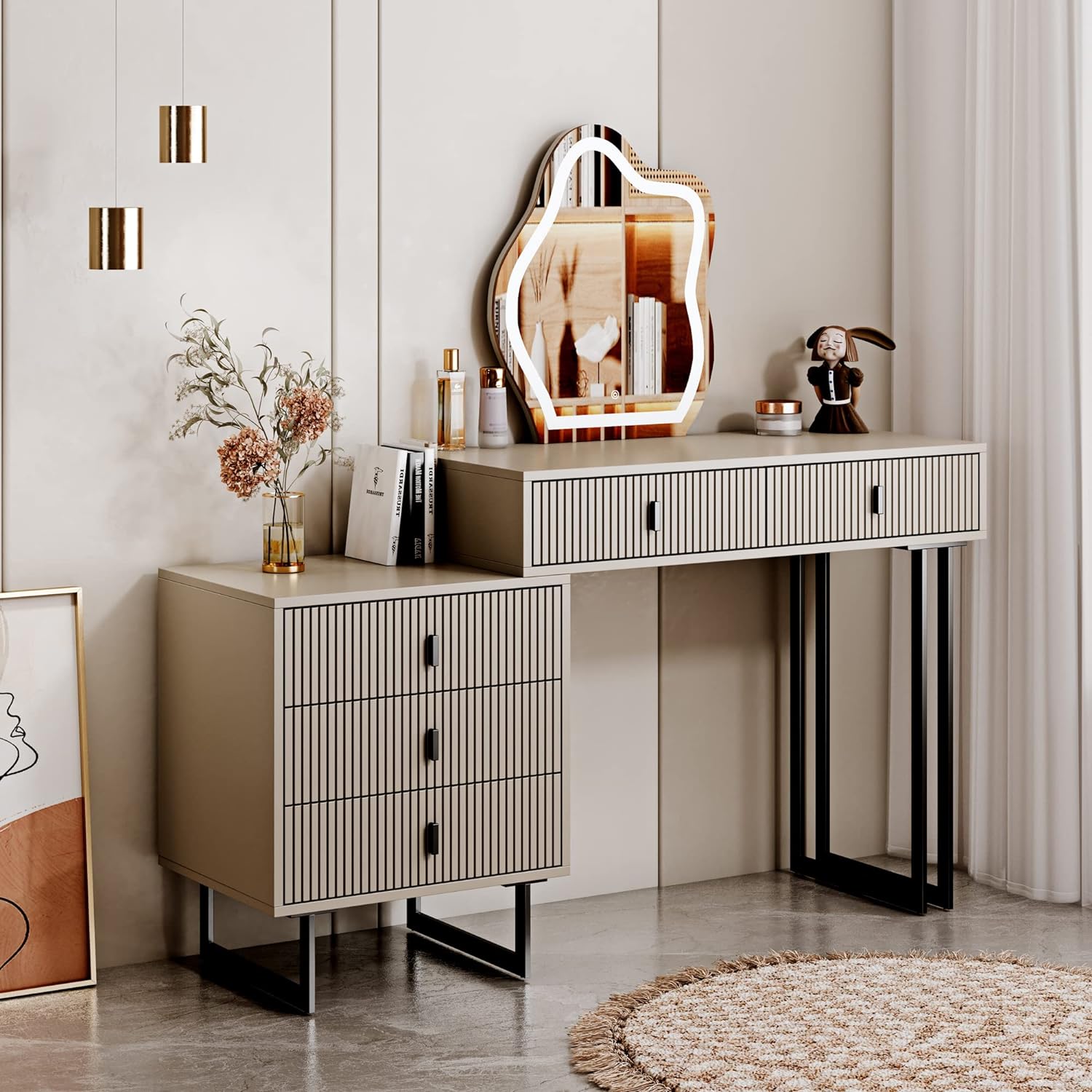 3-Color Touch Screen Dimming Mirror Dresser with 4 Drawers