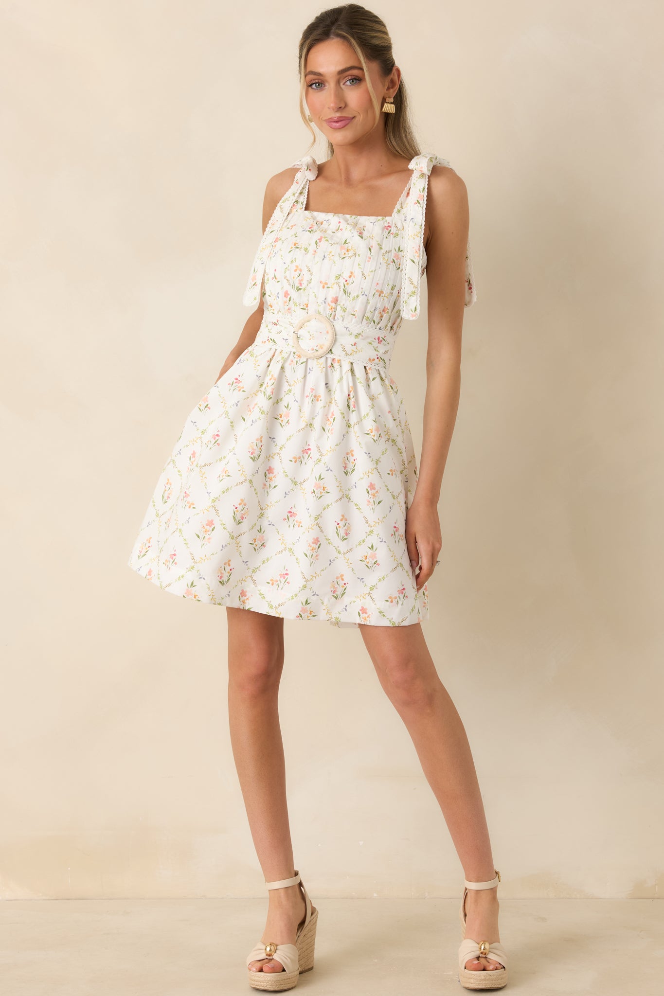Just Like Spring White Multi Cotton Floral Pleated Mini Dress - gazingly