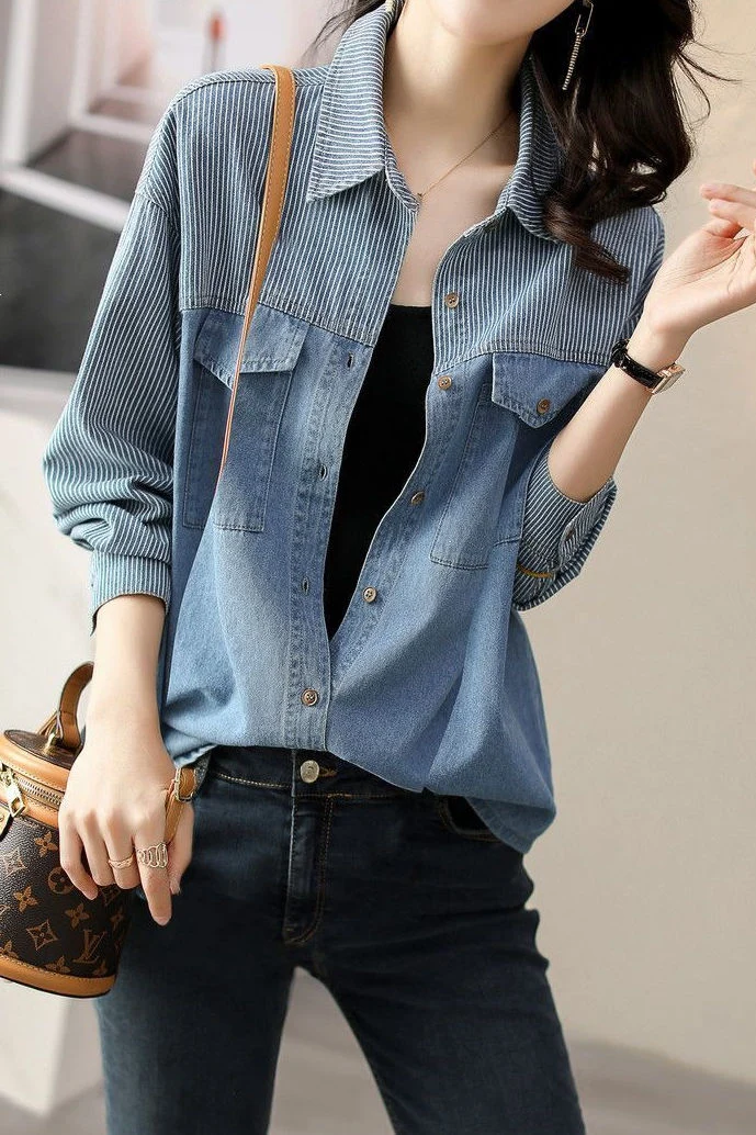 Casual Vertical Stripe Spliced Shirt With Flap Patch Pockets - gazingly
