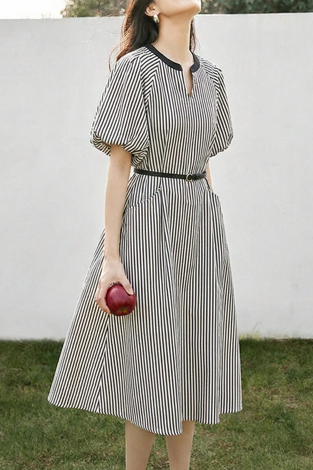 Casual V-Neck Puff Sleeve Striped Dress - gazingly