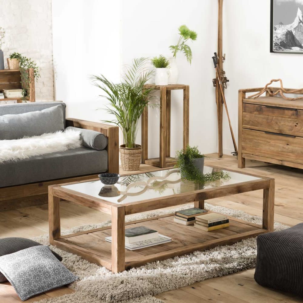 Andrian - Table basse 1 plateau verre 1 plateau bois en pin recyclé L140