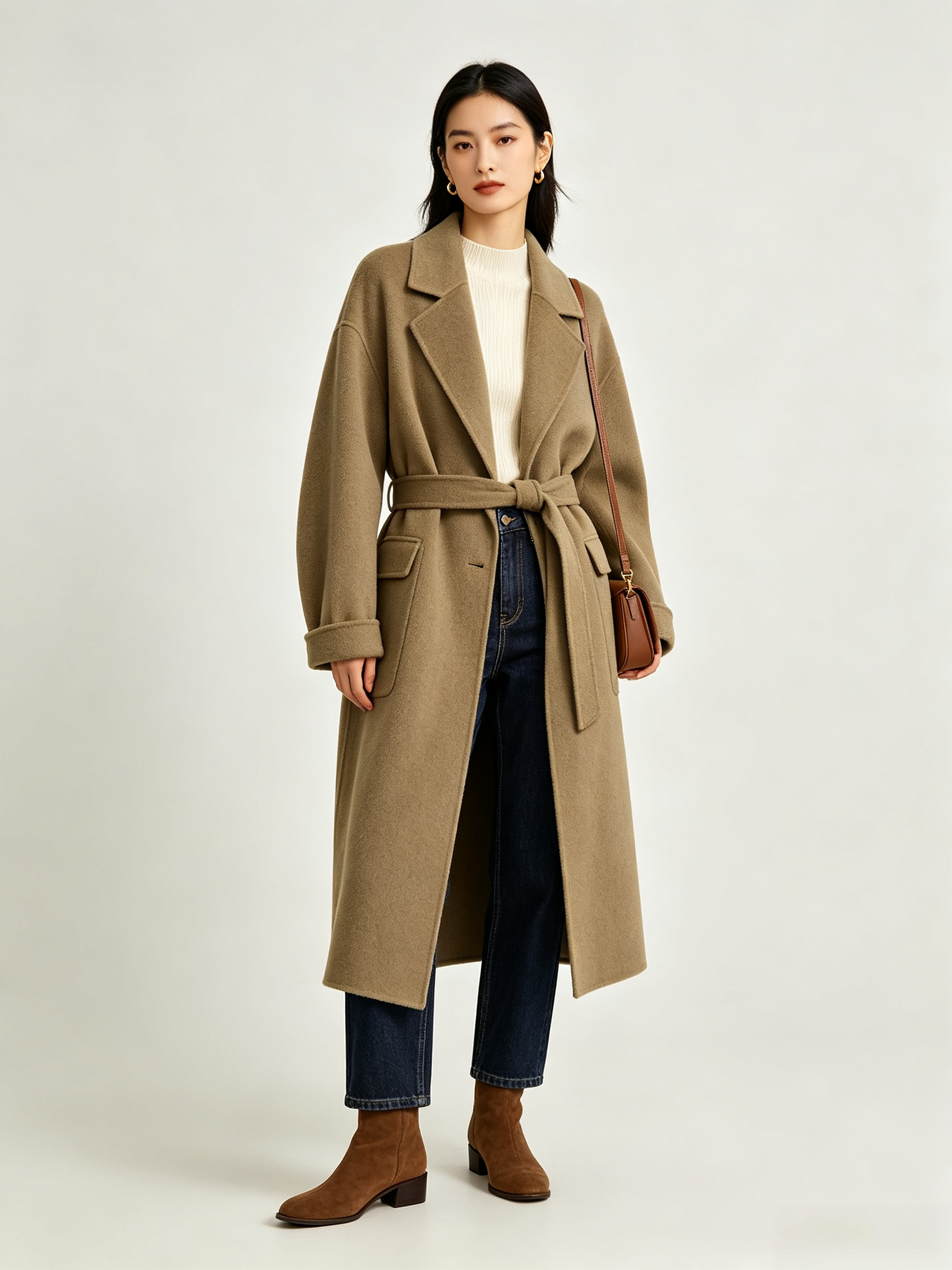 Oversized Brushed Belted Long Overcoat