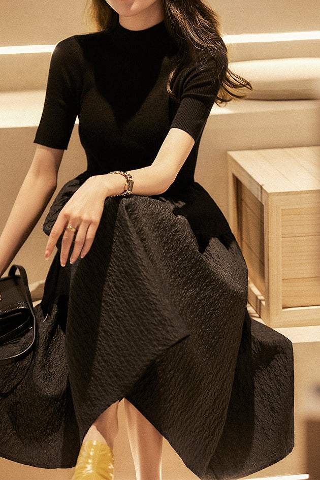 Mock Neck Embossed Docking Knit Dress - gazingly