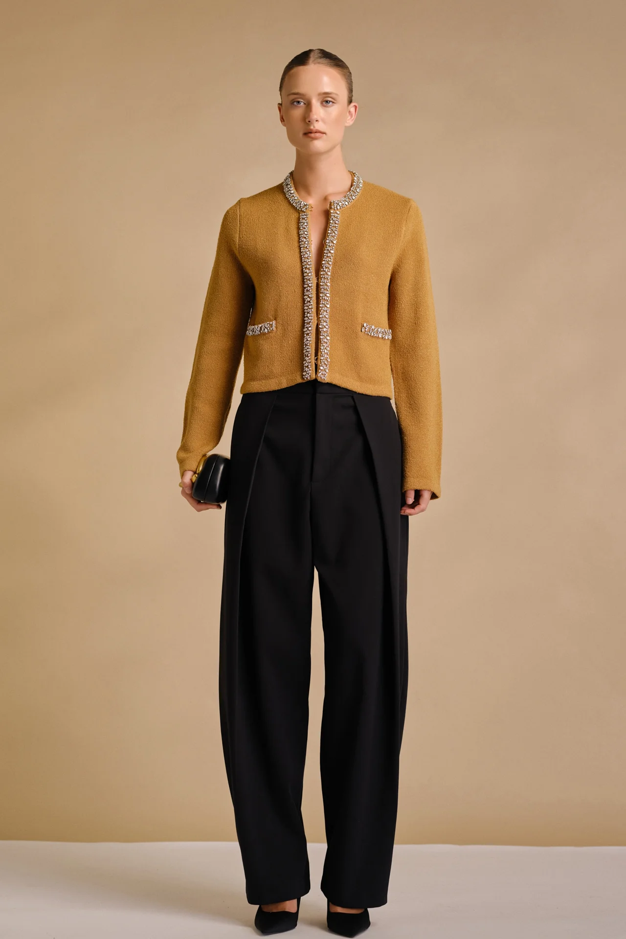 Boucle Knit Jewel Trim Sweater Cardigan - vipsense