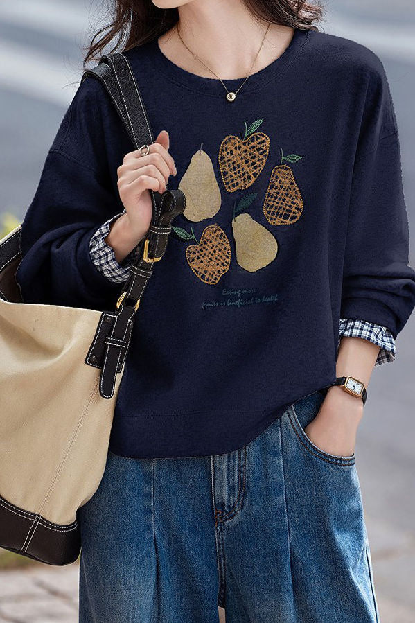 Casual Fruit Print & Plaid Paneled Pullover Hoodie - gazingly