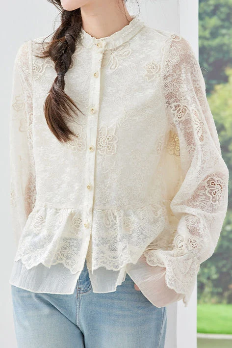 Elegant Date Ruffled Stand Collar Long‑Sleeve Lace Blouse - gazingly