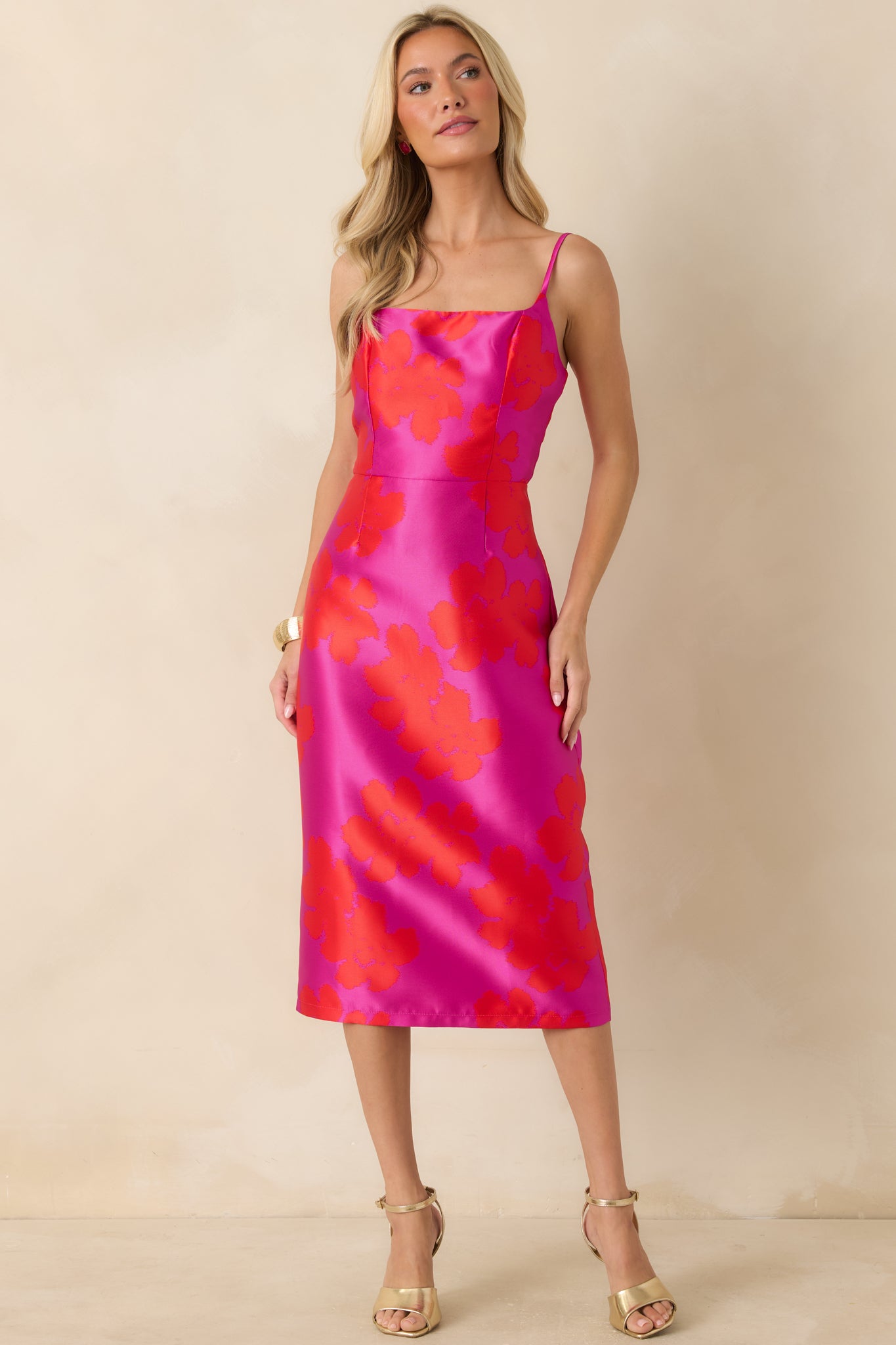 Make an Entrance Fuchsia & Red Floral Jacquard Midi Dress - gazingly